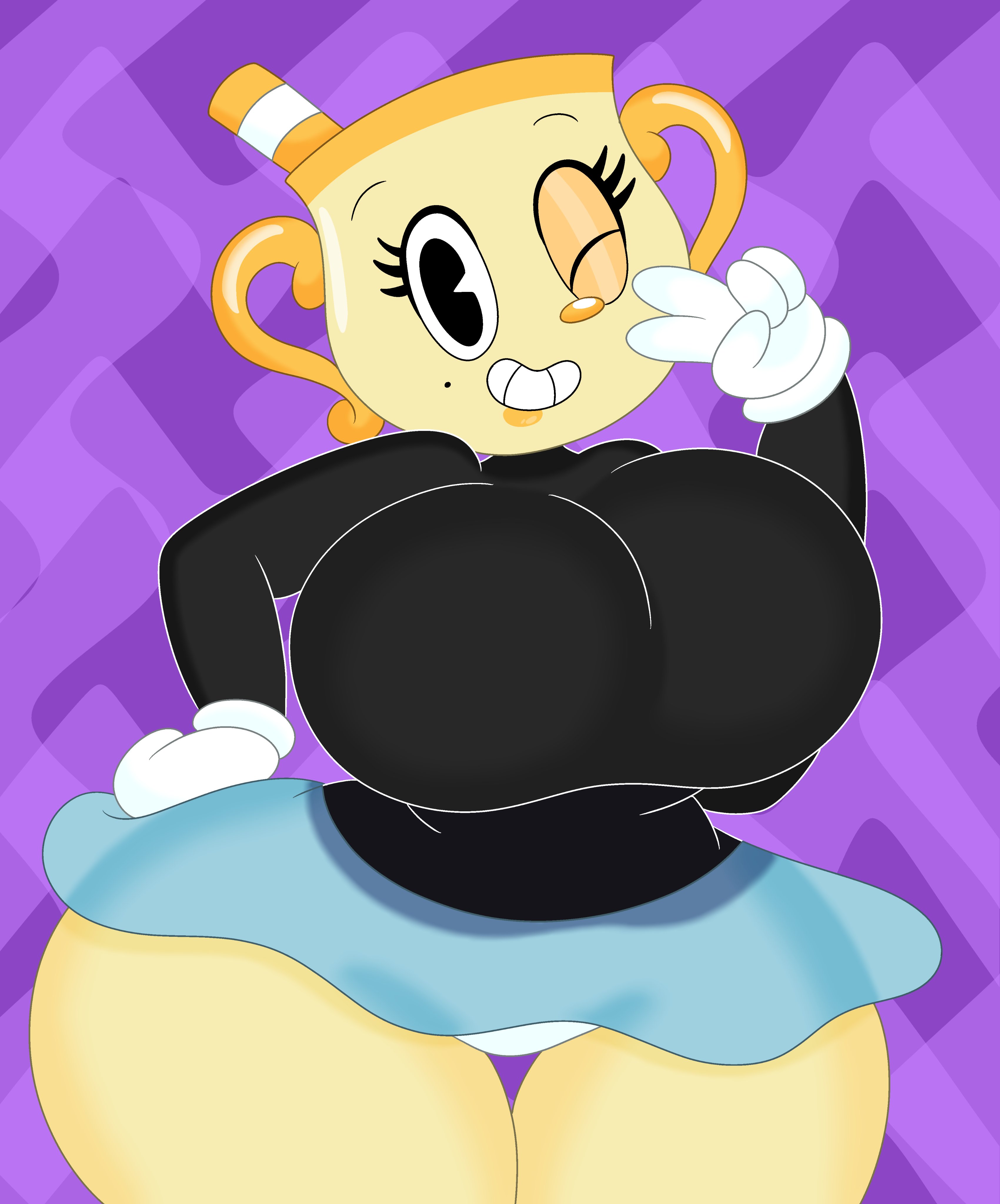 1girls, 3barts, bean smile, big breasts, breasts, busty, cuphead (game), cuphead: the delicious last course, female, female only, gloves, huge breasts, large breasts, looking at viewer, mole under eye, ms. chalice, pac-man eyes, panties, peace sign, skirt, smile, solo, teeth, thick thighs, v sign, white panties, wide hips, wings, wink, winking at viewer