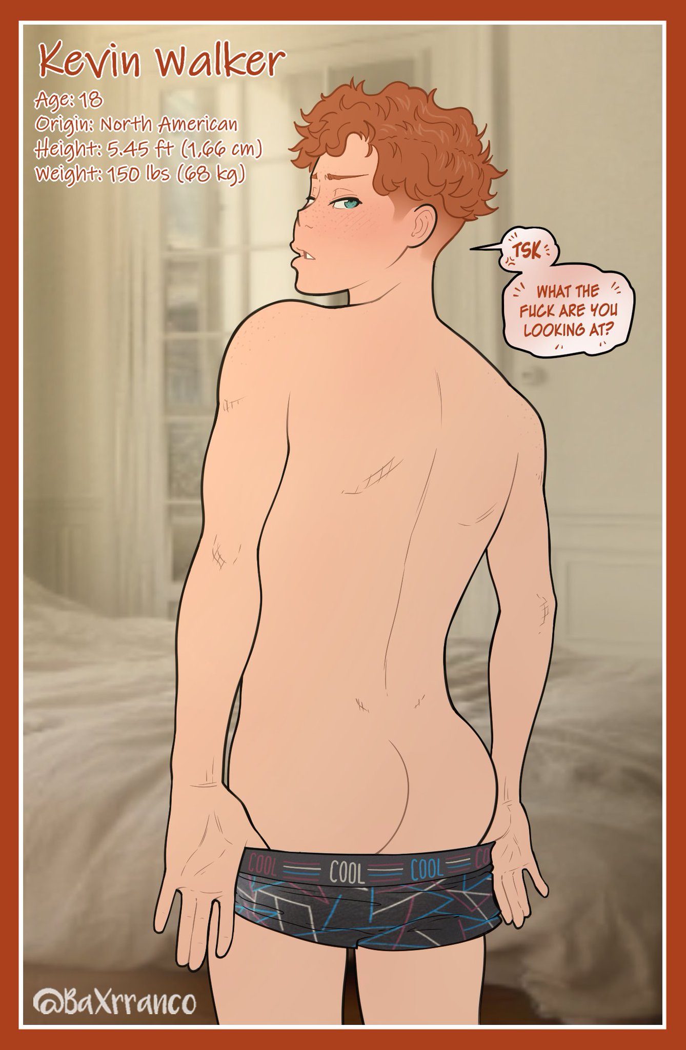 ass, baxrranco, character profile, curly hair, dialogue, gay, gay male, ginger, kevin walker, male, male only, pulling down underwear, red hair, teenage male, twitter user oc, wavy hair, yaoi
