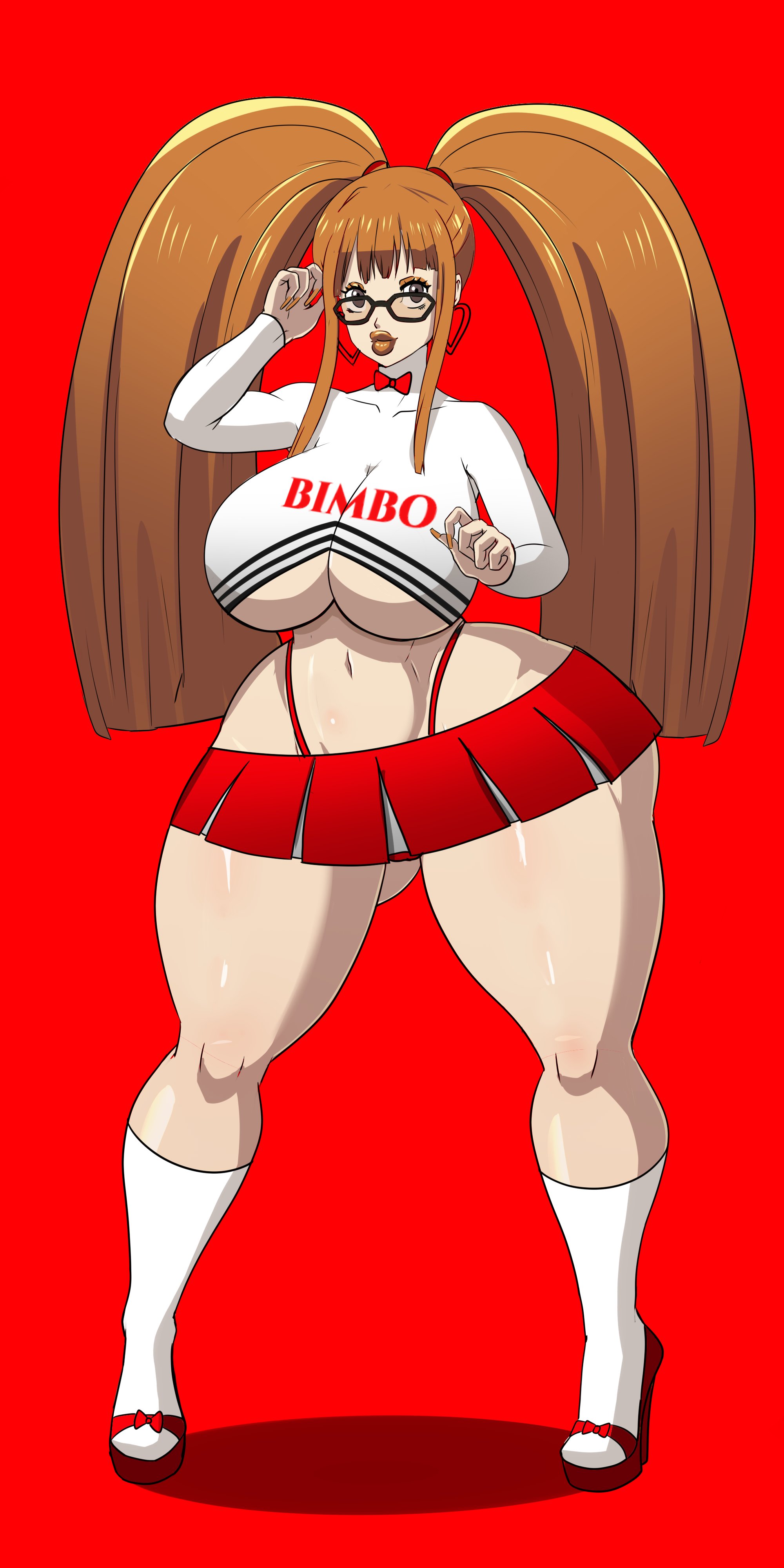 1girls, 2022, annon, ass, big lips, bimbo, bimbo lips, breasts, cheerleader, cleavage, female, female only, glasses, heart-shaped earrings, high heels, huge ass, huge breasts, lips, lipstick, looking at viewer, midriff, nipples, orange hair, orange lips, orange lipstick, persona, persona 5, pigtails, sakura futaba, smile, solo, thick lips, thick thighs, thong, twintails, underboob, wide hips