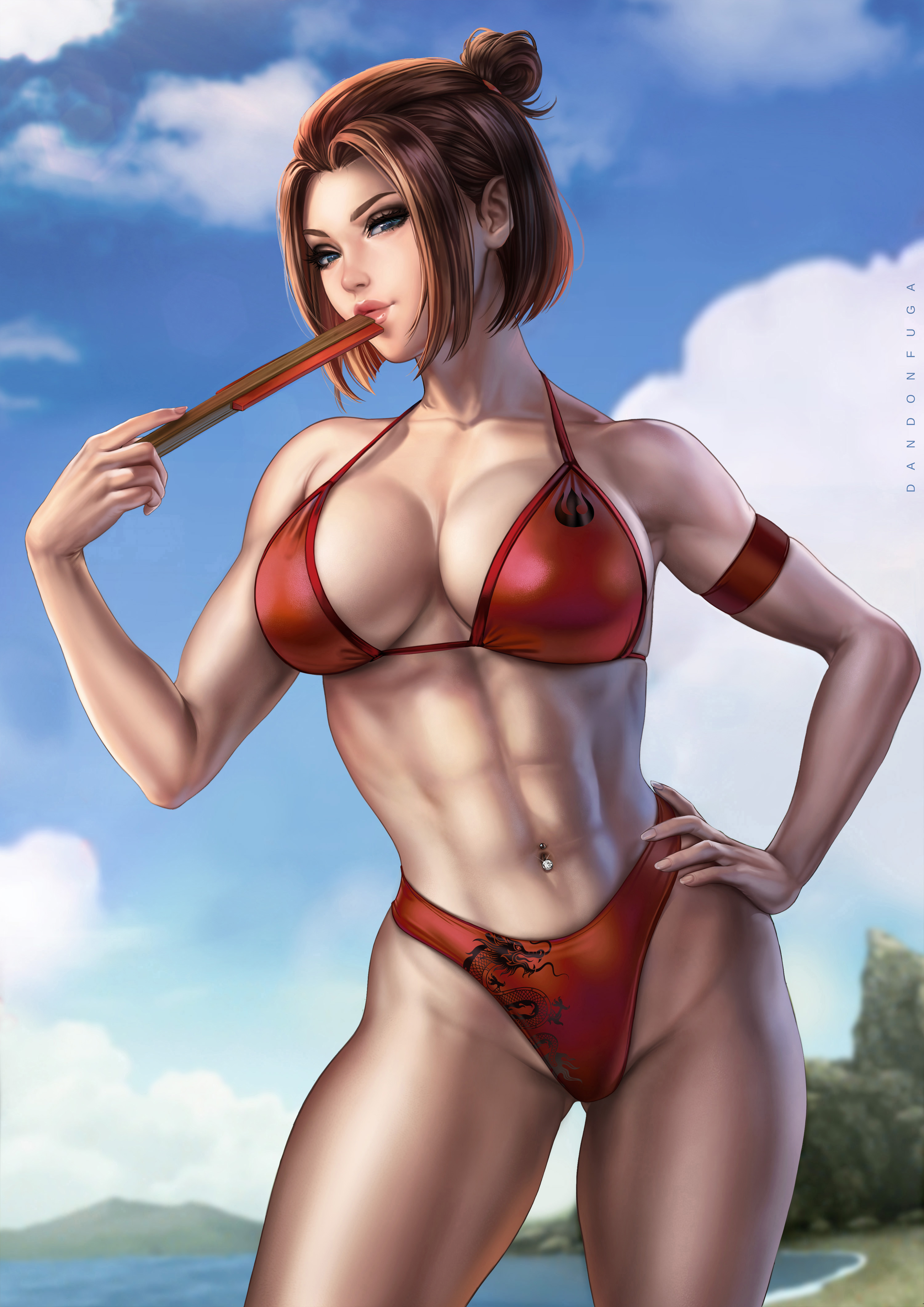 1girls, abs, absurd res, absurdres, avatar the last airbender, bare arms, bare hips, bare shoulders, bare skin, bare thighs, beach, big breasts, bikini, bikini bottom, bikini top, blue eyes, breasts, brown hair, busty, child bearing hips, cleavage, cute face, dandon fuga, fan, female, female focus, female only, fit, fit female, folding fan, hair bun, hand on hip, hand on own hip, high resolution, highres, hips, holding fan, large breasts, large filesize, light skin, light-skinned female, muscular, muscular female, navel, navel piercing, nickelodeon, piercing, pose, posing, red bikini, red bikini bottom, red bikini top, short hair, shoulder length hair, solo, solo female, solo focus, standing, stomach, suki, summer, swimsuit, thick thighs, thighs, toned, toned body, toned female, underwear, very high resolution