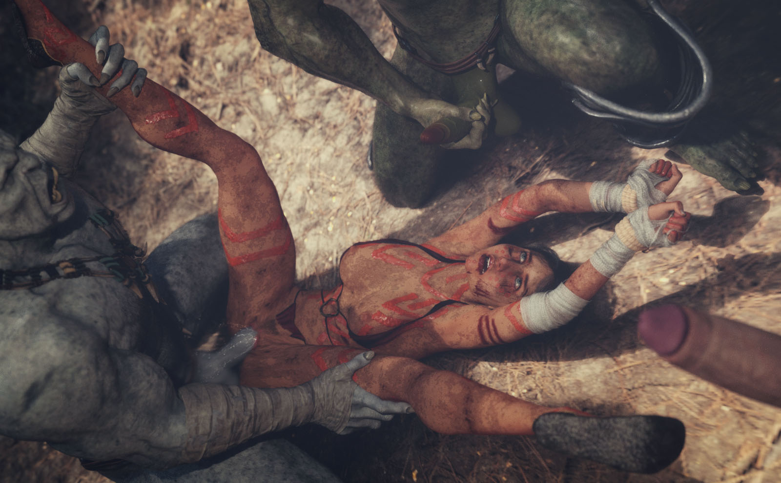 1girls, 3boys, 3d, ann (geterafromfaerun), bandage, bandaged arm, bigger male, bikini, bikini top aside, black hair, blood, blue eyes, breasts, brown legwear, clothed, color, comic, dark hair, defeated, dungeons and dragons, erection, female, female human, forced, forest, forgotten realms, foursome, gangrape, geterafromfaerun, grey skin, half naked, helpless, huge cock, human, leg grab, legwear, long hair, lying, lying on back, lying on ground, male, masturbation, monk, monster, monster rape, nipples, open eyes, open mouth, orc, orc male, original, original character, penis, pussy, pussy juice, rape, red bikini, scared, sex, shaved pussy, size difference, skinny, small breasts, smaller female, straight, tattoo, tied up, torn clothes, vagina, vaginal penetration, vaginal sex, white skin