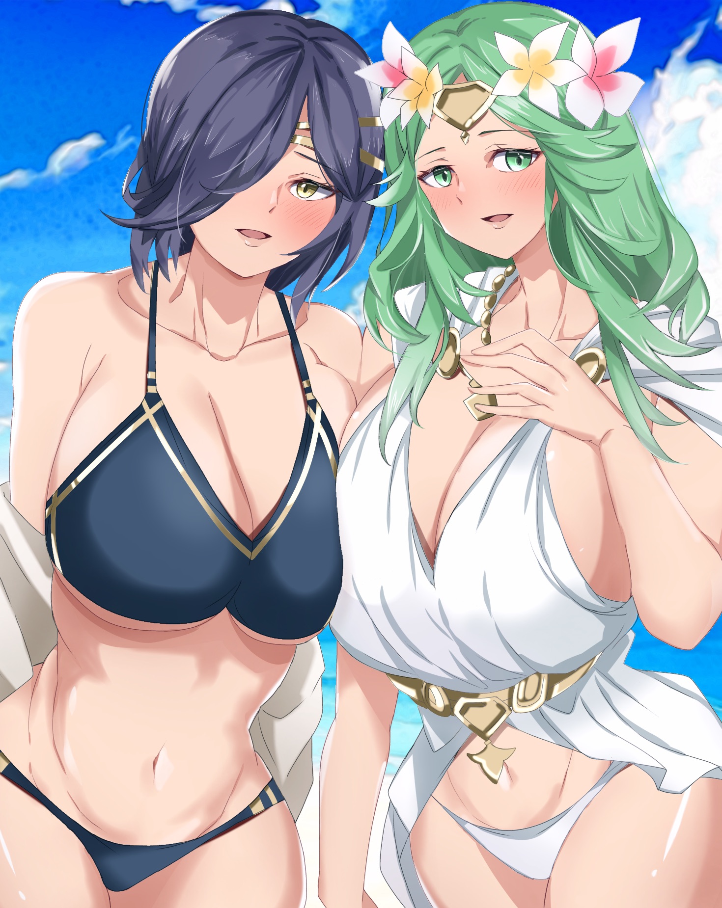 2girls, alternate breast size, alternate costume, alternate version available, asymmetrical docking, bare midriff, bare shoulders, bare thighs, beach, big breasts, bikini, blue bikini, blue hair, blue swimsuit, breast press, breasts, cleavage, collarbone, female, female only, fire emblem, fire emblem heroes, fire emblem: three houses, flower, green eyes, green hair, hair over one eye, hourglass figure, huge breasts, kiran (fire emblem), kiran (fire emblem) (female), large breasts, long hair, looking at viewer, midriff, multiple females, multiple girls, nintendo, ocean, official alternate costume, outdoors, rhea (fire emblem), rhea (summer) (fire emblem), short hair, shoulders, smile, swimsuit, thick thighs, thighs, toshimasa, underboob, white bikini, white swimsuit, wide hips