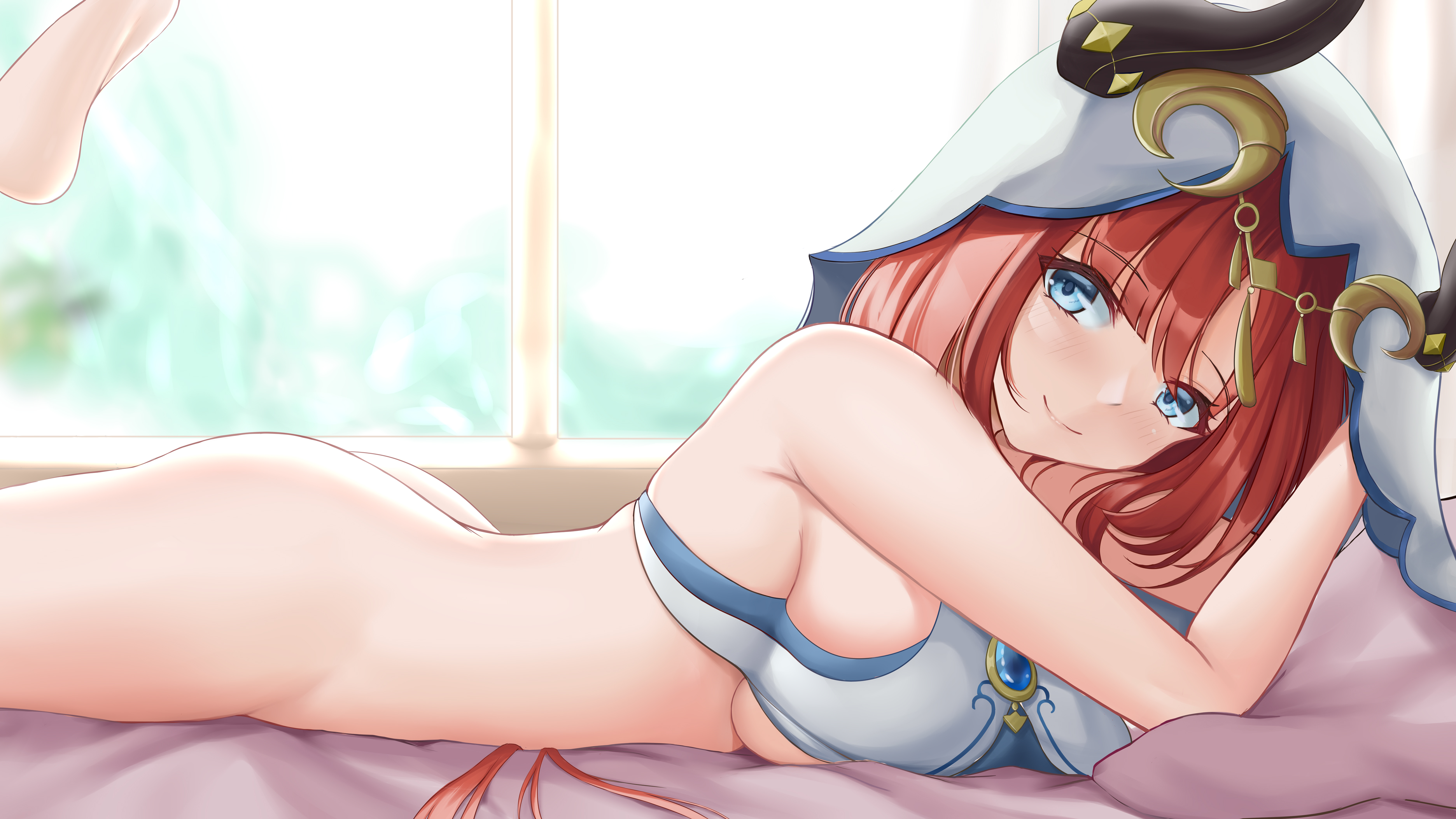 1girls, ass, barefoot, bed, blue eyes, bottomless, breasts, dancer, feet, female, female only, genshin impact, hi res, horn, large breasts, lying, nilou (genshin impact), no panties, on bed, on stomach, pillow, red hair, seductive, sideboob, underboob, veil