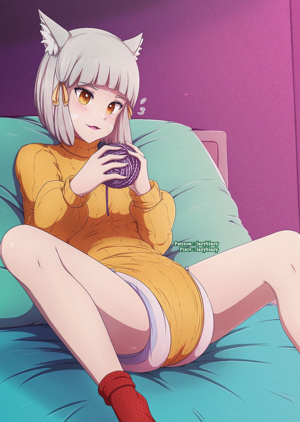 cat_ears diaper female gold_eyes lazyblazy lazyblazy_(artist) legs_open nia nia_(xenoblade) nintendo onesie open_mouth orange_onesie red_socks ribbon_in_hair short_hair sitting sliver_hair white_diaper xenoblade_(series) xenoblade_chronicles_2 yarn_ball