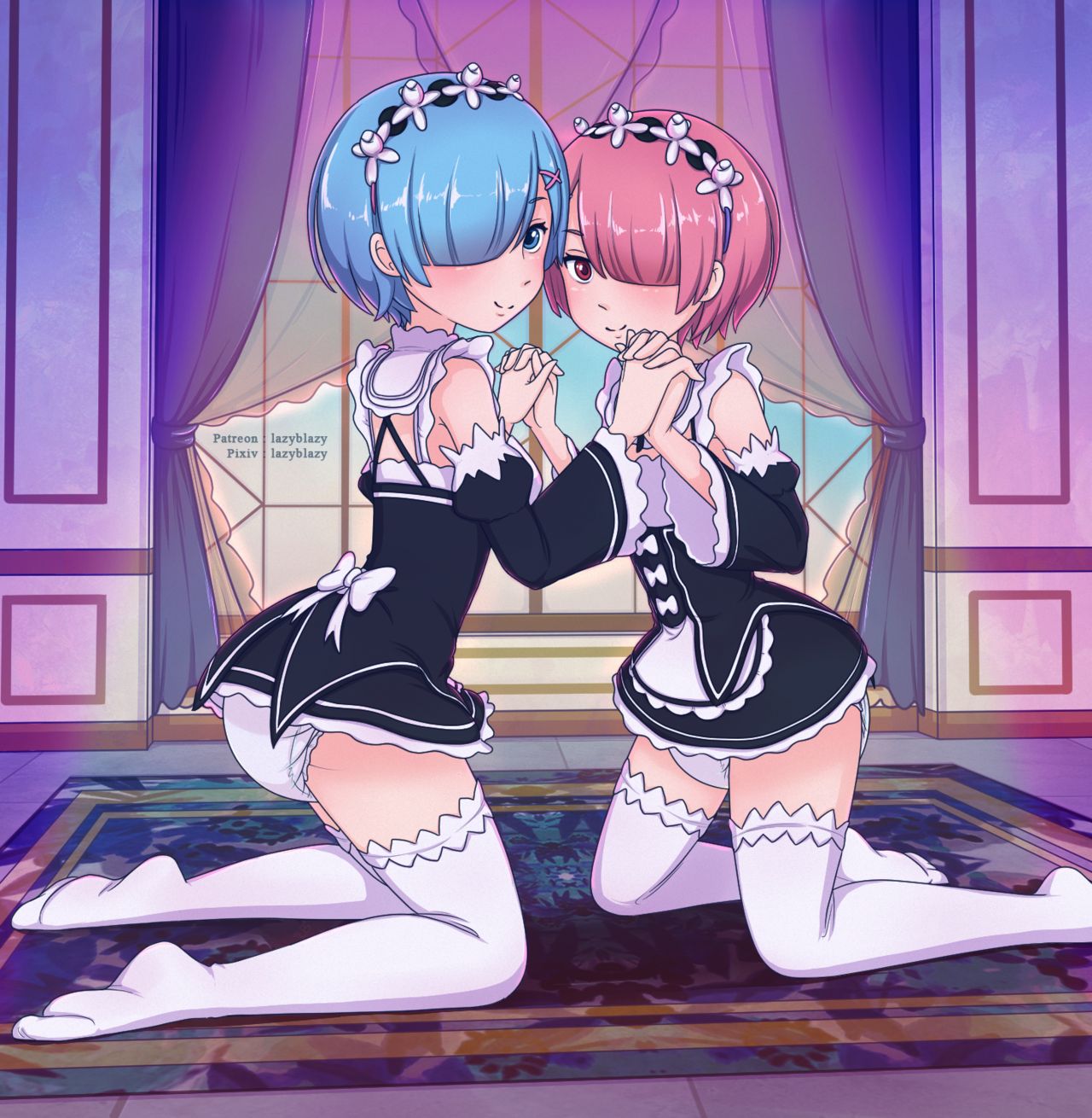 2girls blue_eyes blue_hair diaper hair_over_one_eye holding_hands kneeling lazyblazy lazyblazy_(artist) long_socks maid maid_headdress maid_uniform multiple_girls pink_eyes pink_hair ram_(re:zero) re:zero_kara_hajimeru_isekai_seikatsu rem_(re:zero) rug sisters smiling white_diaper window