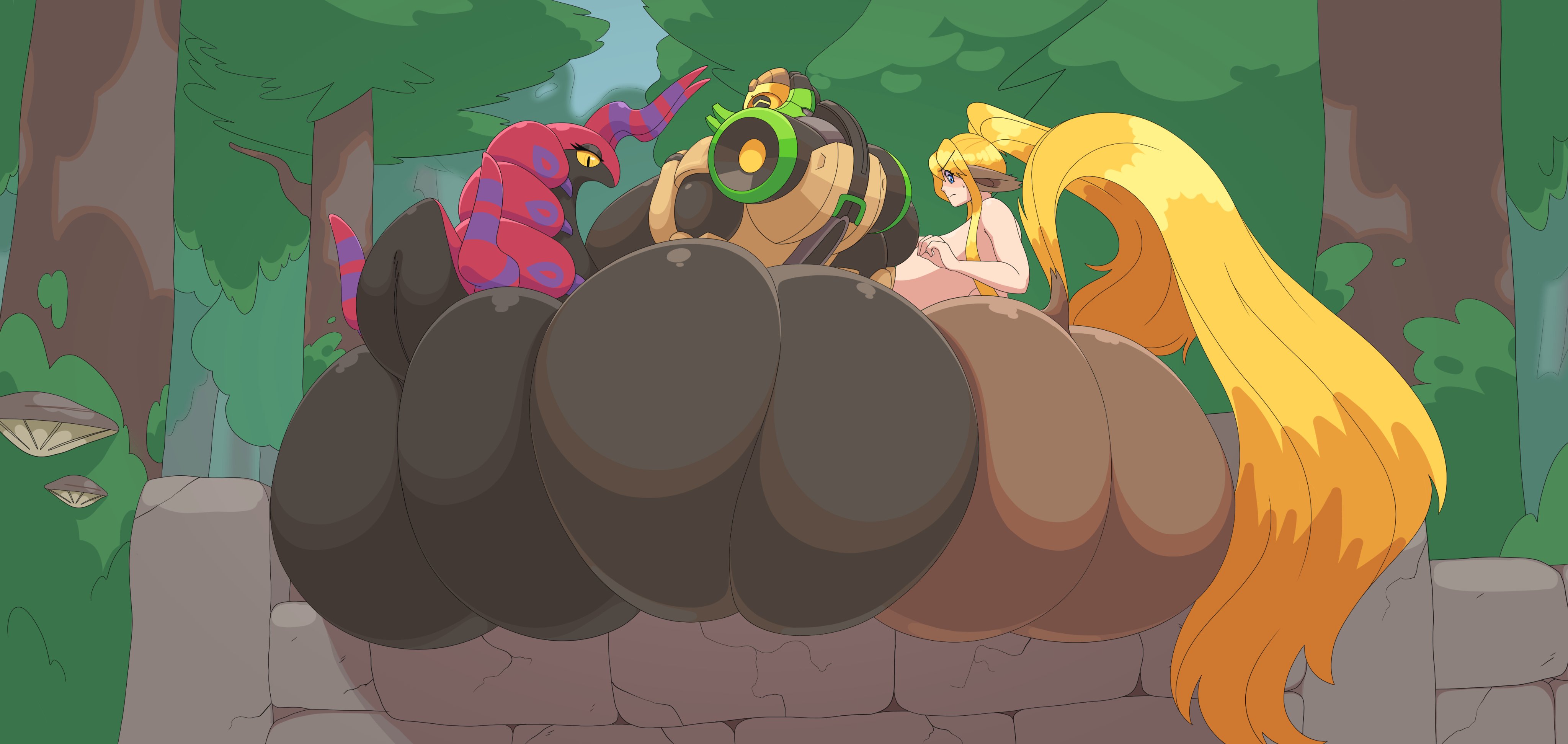 3girls, ass, big ass, big breasts, blizzard entertainment, breasts, bubble ass, bubble butt, bug, centaur, centauress, centorea shianus, crossover, embarrassed, equid taur, female, feral, forest, forest background, from behind, horse, horse tail, huge ass, hyper ass, looking back, monster musume no iru nichijou, nintendo, nsfwoaf, orisa, overwatch, pokémon (species), pokemon, pokemon (species), presenting, presenting hindquarters, quadruped, robot, robot girl, scolipede, tagme, tail, taur