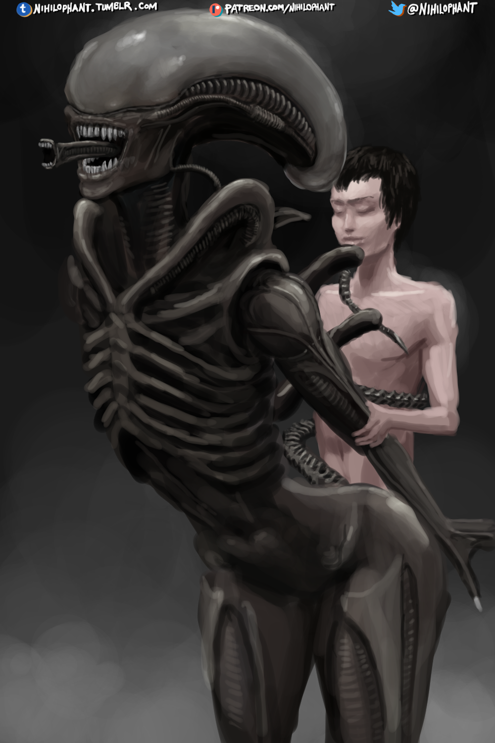 1boy 1cuntboy 2:3 alien alien/human alien_(franchise) andromorph andromorph/male black_body black_hair closed_eyes cuntboy cuntboy/male cuntboy_penetrated digital_media_(artwork) duo eyeless from_behind_position hair hi_res human human_penetrating intersex interspecies light-skinned_male looking_pleasured male nihilophant open_mouth sex shaded sharp_teeth short_hair simple_background smile standing standing_sex teeth text url xenomorph