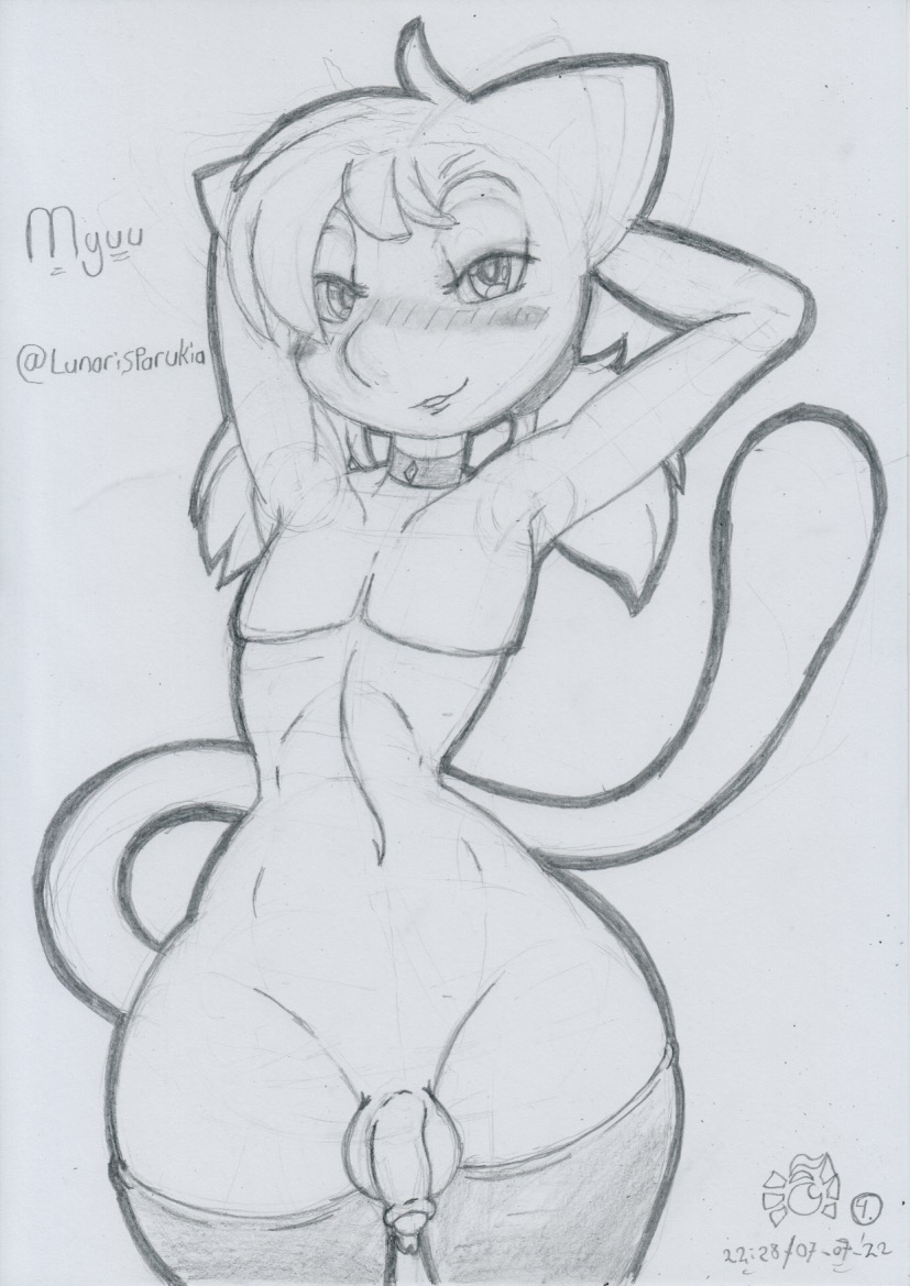 2022 anthro anthrofied balls bedroom_eyes blush bodily_fluids choker clothing dripping foreskin genital_fluids genitals girly graphite_(artwork) hair hands_behind_back humanoid_genitalia humanoid_penis jewelry legendary_pokemon legwear looking_at_viewer lunaris_parukia male mew mostly_nude myuu_(rivvoncat) narrowed_eyes navel necklace nintendo partially_retracted_foreskin penis pokémon_(species) pokemon pokemon_(species) pokemorph precum precum_drip seductive smile smiling_at_viewer solo stockings thigh_highs traditional_media_(artwork) twintails video_games