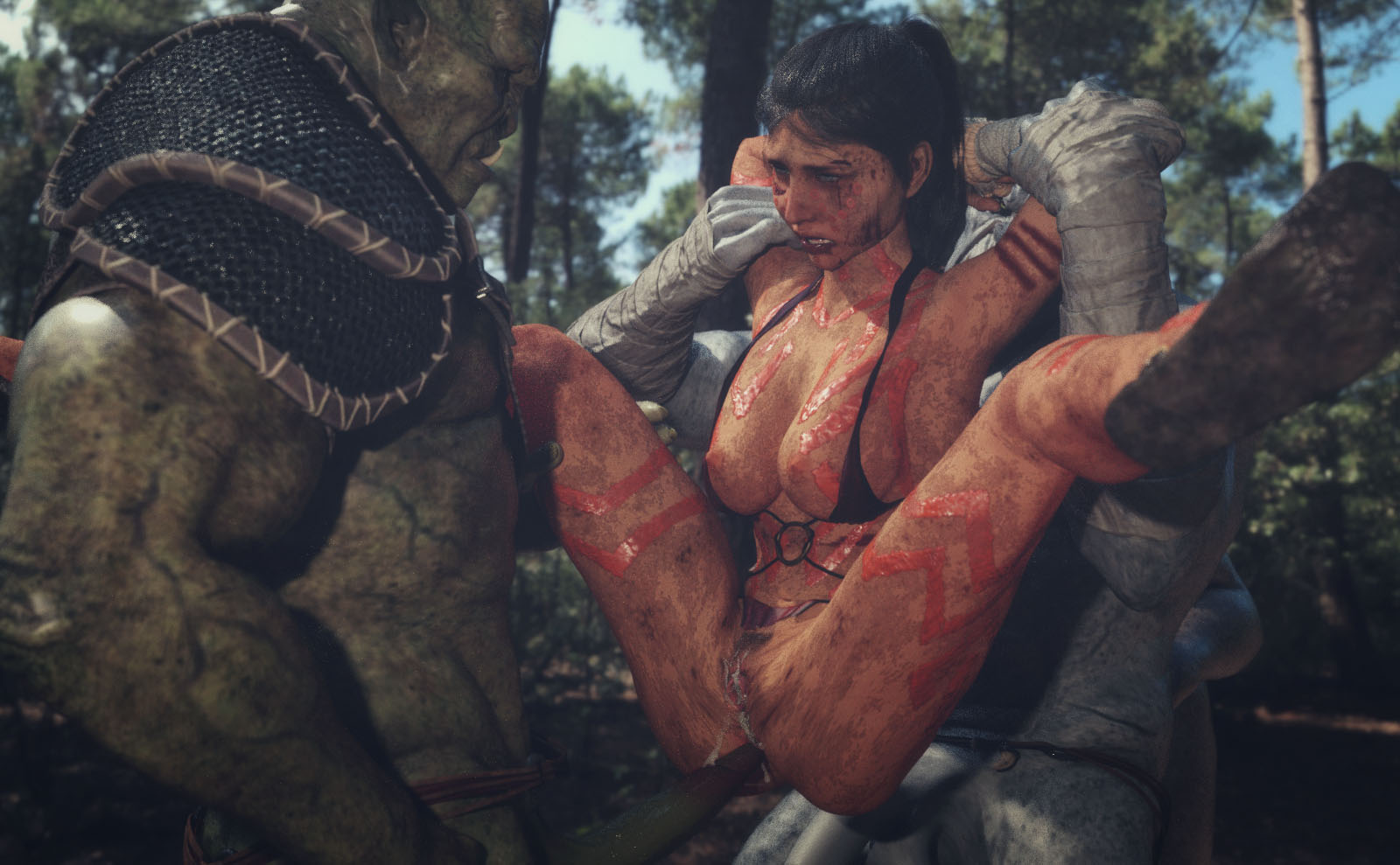 1girls, 2boys, 3d, ann (geterafromfaerun), bandage, bandaged arm, bigger male, bikini, bikini top aside, black hair, blood, blue eyes, breasts, brown legwear, clothed, color, comic, cum, cum in pussy, cum inside, dark hair, defeated, dirty, dungeons and dragons, erection, female, female human, forced, forest, forgotten realms, full nelson, gangbang, gangrape, geterafromfaerun, green skin, grey skin, half naked, helpless, huge cock, human, imminent anal, leg grab, legwear, long hair, male, monk, monster, monster rape, nipples, open eyes, open mouth, orc, orc male, original, original character, penis, ponytail, pussy, rape, red bikini, sandwiched, scared, sex, size difference, skinny, small breasts, smaller female, standing, standing sex, straight, tattoo, threesome, torn clothes, tree, trimmed pubic hair, vagina, white skin