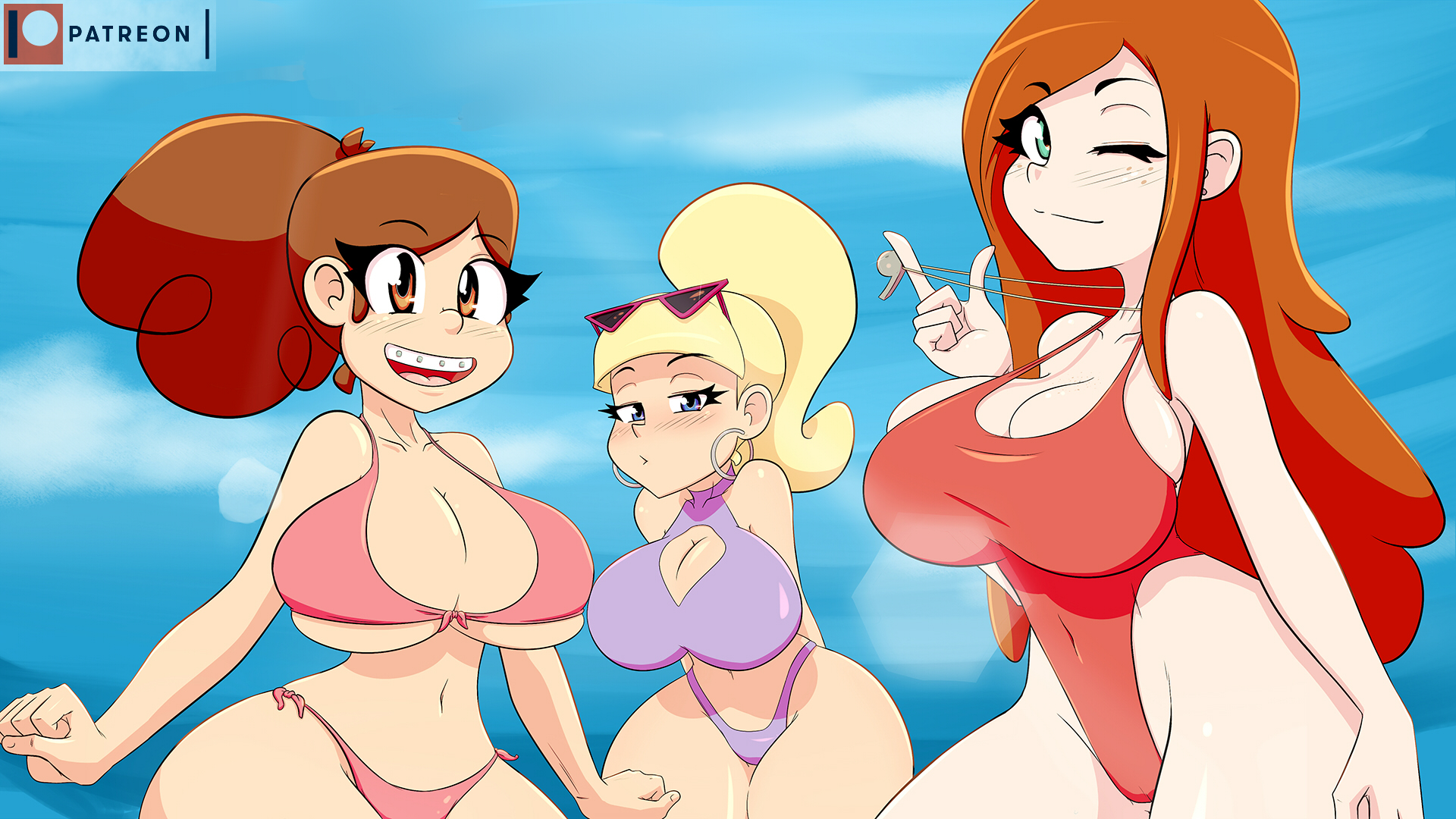 3girls, aged up, big breasts, bikini, breasts, critblix, disney, disney channel, disney xd, female, female only, gravity falls, high resolution, human, long hair, mabel pines, multiple females, multiple girls, one-piece swimsuit, pacifica northwest, ponytail, smooth skin, swimsuit, teenager, teeth, wendy corduroy