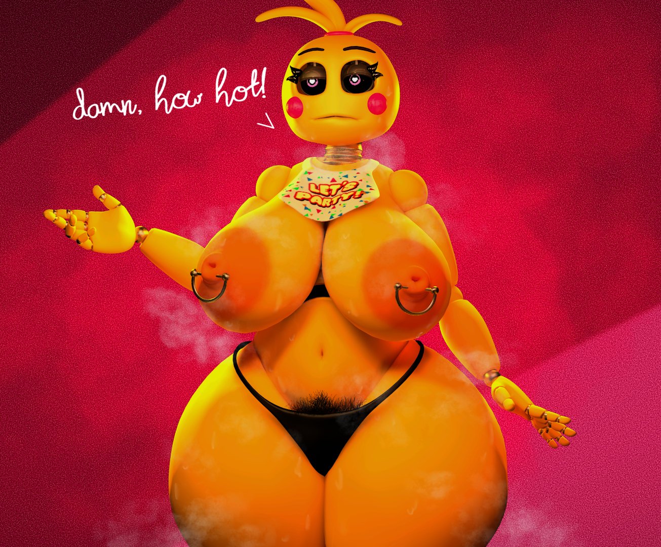 3d, 3d (artwork), big breasts, black thong, braless, breasts, c4d max, female, five nights at freddy's, five nights at freddy's 2, naked female, nipple piercing, nipples, piercing, pubic hair, solo, thong, topless female, toy chica (fnaf), toy chica (love taste)