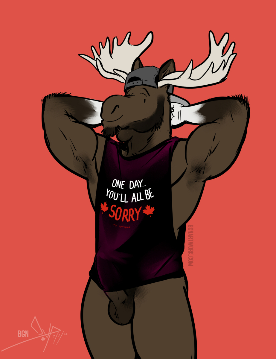 anthro antlers backwards_hat balls bara bgn bottomless canada_day capreoline cervid clothed clothing digital_media_(artwork) erection erection_under_clothing fur genitals hair hands_behind_head hat headgear headwear hi_res horn looking_at_viewer male male_only mammal moose muscular muscular_anthro muscular_male nude penis shirt shirt_only simple_background smile solo solo_male text topwear topwear_only