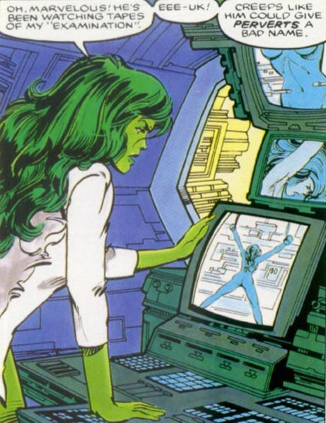 1girls annoyed ass bondage canonical_scene clothed comic computer_screen female female_only green_hair green_skin hulk_(series) john_byrne long_hair looking_at_self marvel marvel_comics nude nude_female official_art recording restrained second-party_source she-hulk solo speech_bubble the_sensational_she-hulk underboob