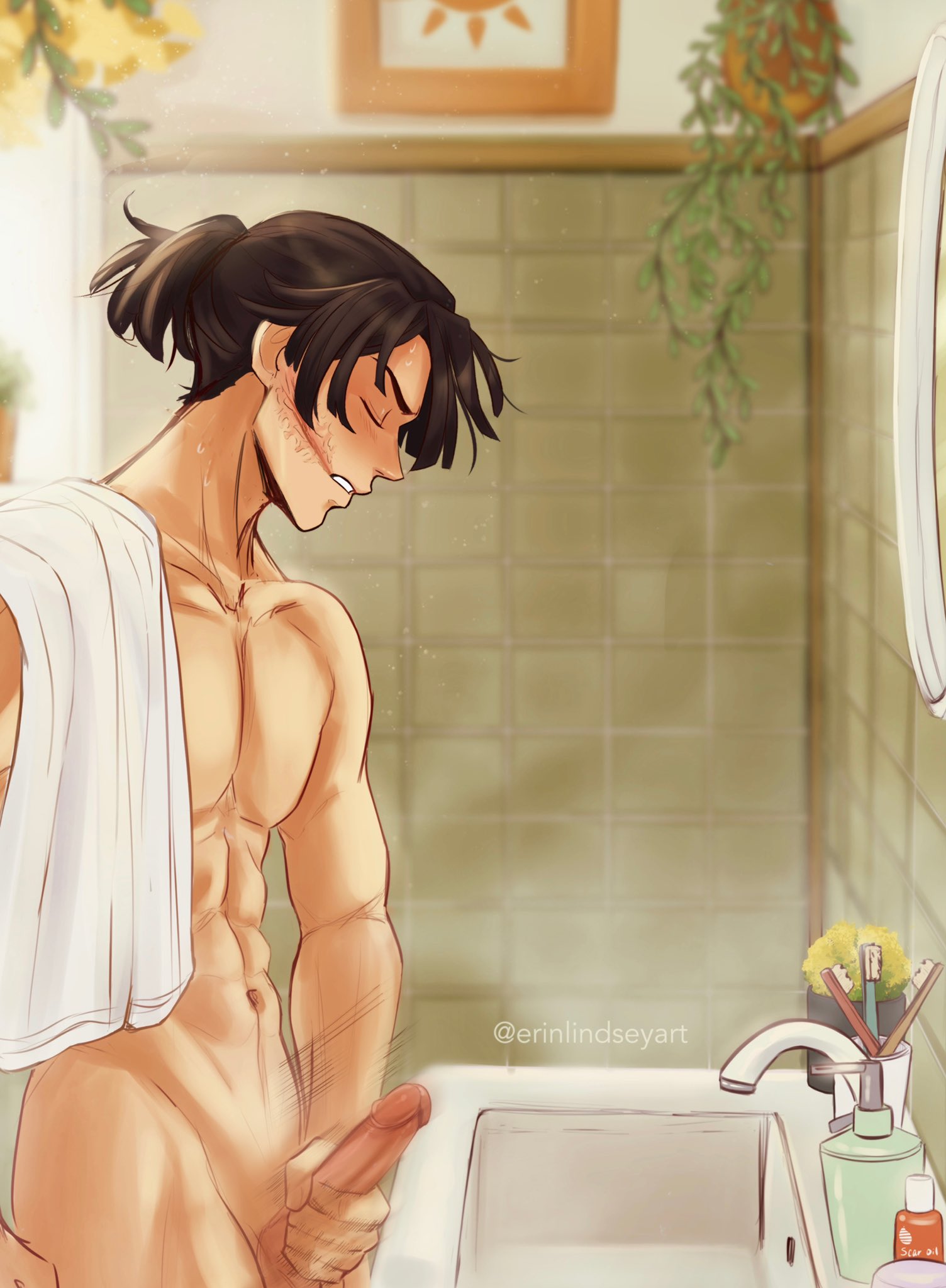 1boy, bathroom, black hair, closed eyes, completely nude, demon slayer, detailed background, erection, erinlindseyart, facial scar, glasgow smile, iguro obanai, kimetsu no yaiba, male, male only, masturbation, motion blur, motion lines, nude, penis, ponytail, profile, scar, solo, sweat, towel, uncensored