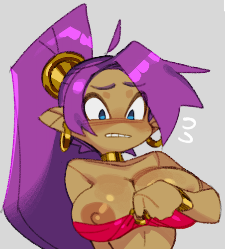 1girls accidental_exposure bare_shoulders big_areola big_breasts big_nipples blush bra breast_slip breasts breasts_out brown_nipples dark-skinned_female dark_areola dark_nipples dark_skin earrings female female_only gritted_teeth neck_ring nipple_slip nipples ponytail purple_hair shantae shantae_(character) smooth_skin solo wamudraws wardrobe_malfunction wayforward