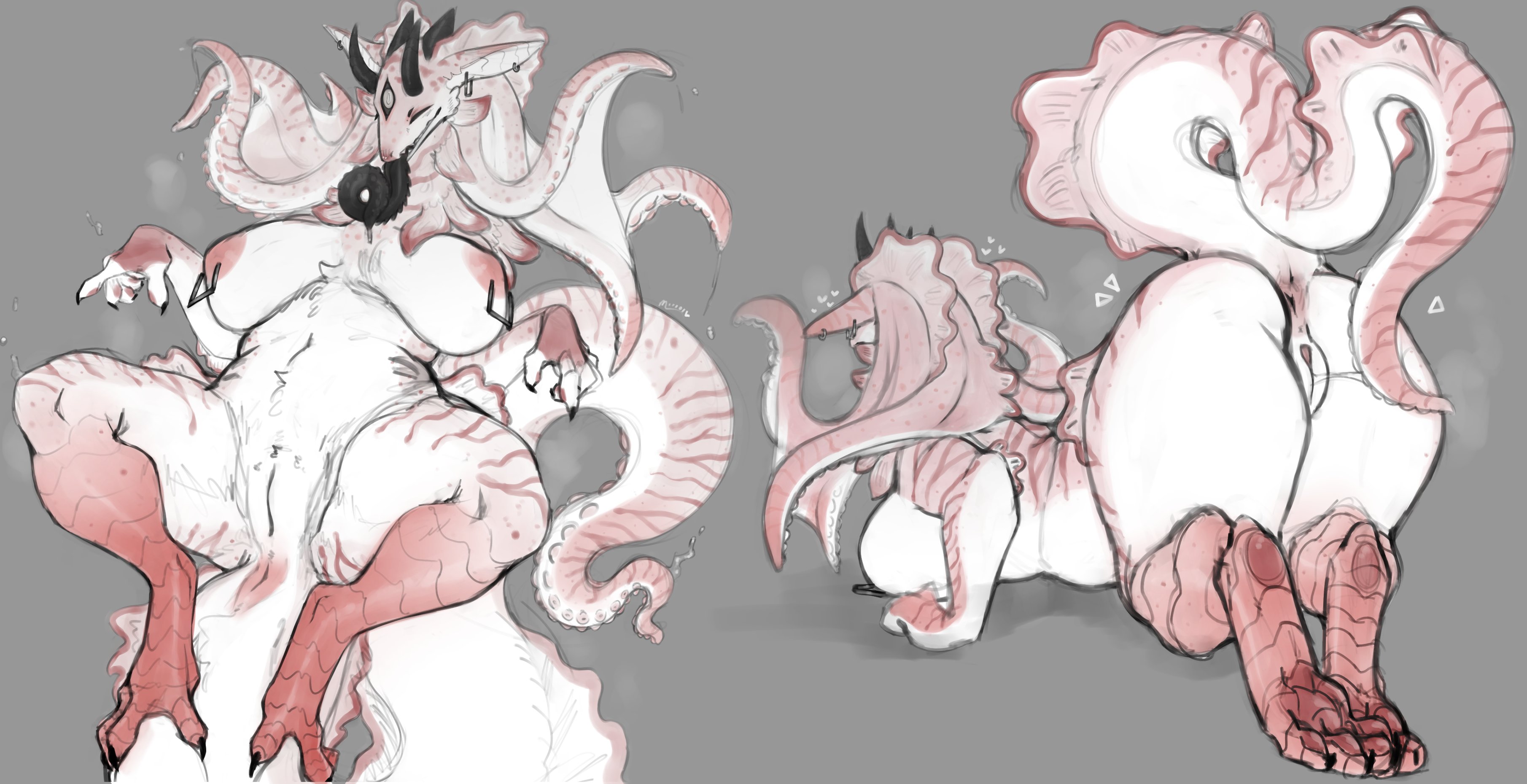2022, absurd res, all fours, anthro, anus, ass, ass up, big ass, big breasts, big butt, biped, black tongue, bodily fluids, breasts, claws, digital media (artwork), dragon, female, finger claws, genital fluids, genitals, grey background, heart, hi res, horn, long tongue, lvlirror, pink body, presenting, presenting hindquarters, pseudo hair, pussy, pussy juice, pussy juice string, simple background, solo, spread legs, spreading, striped body, stripes, tentacle, tentacle hair, toe claws, tongue, white body