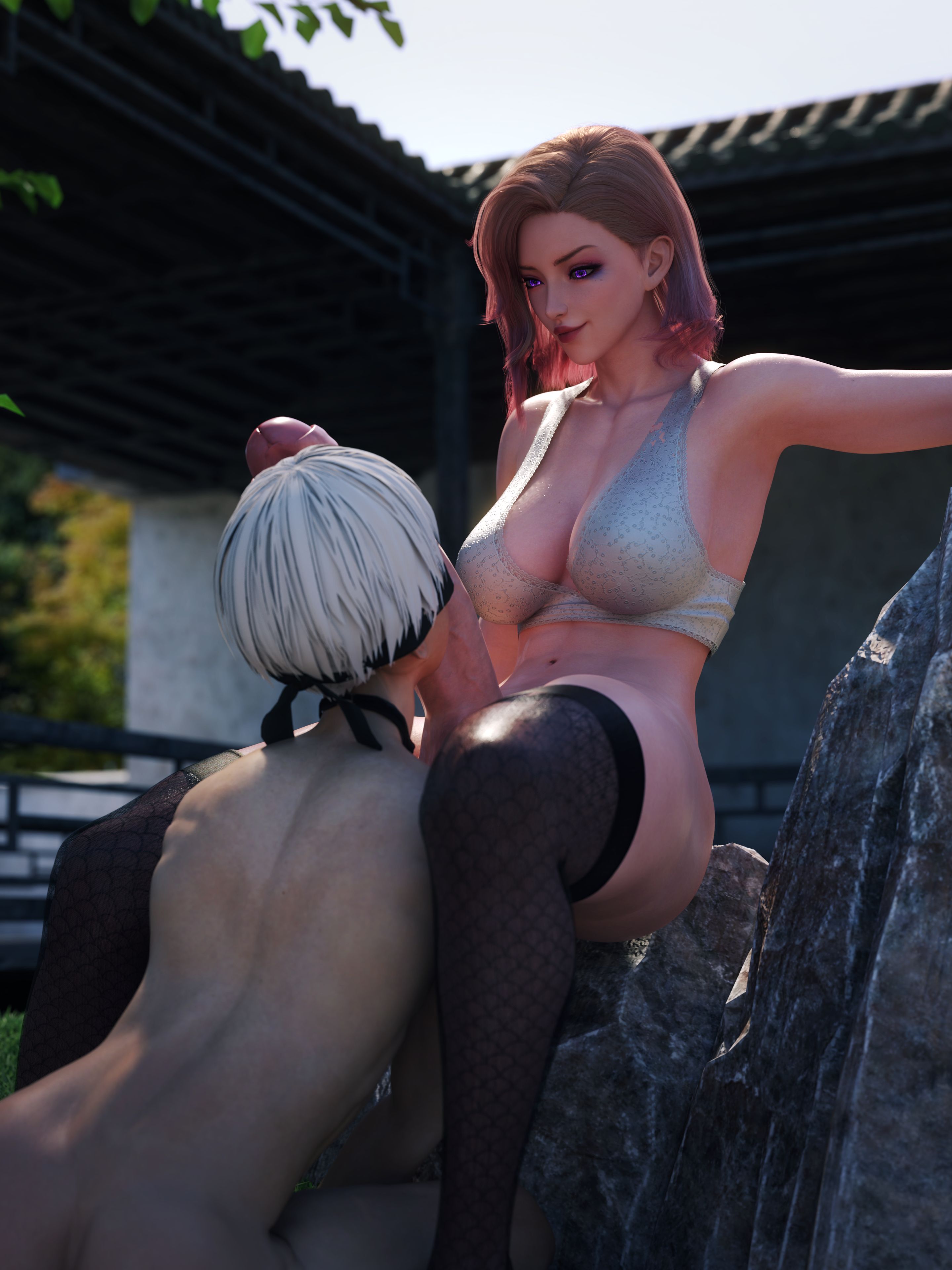 1boy, 1futa, 3d, ass, big penis, blindfold, crossover, erect penis, erection, futa is bigger, futa on male, futanari, huge cock, hyper, hyper penis, intersex, light skin, light-skinned futa, light-skinned male, male, male bitch, nier, nier: automata, nude, nude male, penis, rera (daz3d), salamandraninja, white hair, yorha 9s