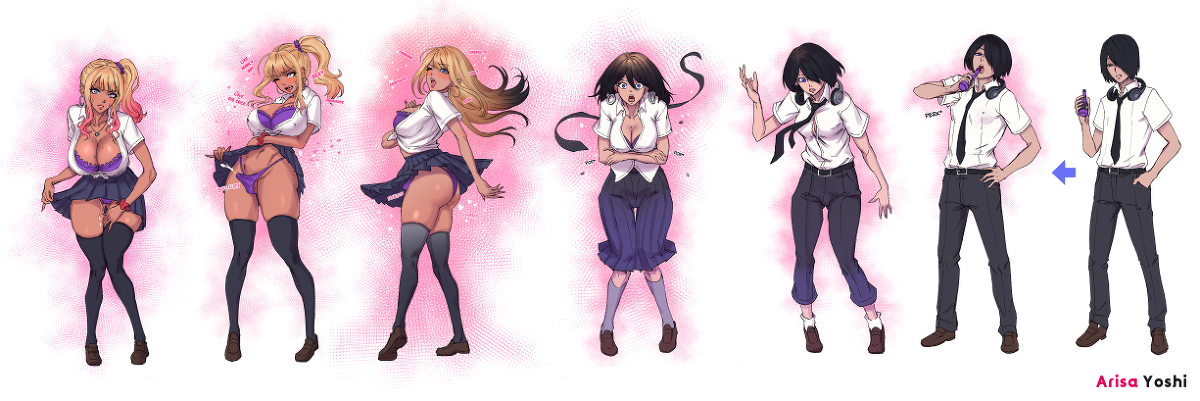 1boy, 1girls, arisa yoshi, ass, black hair, black pants, black skirt, blonde hair, bra, breasts, cum, cum through underwear, drink, dripping, ejaculation, erection, erection under clothes, female, gender transformation, genderswap, genderswap (mtf), gyaru, gyarufication, headphones, headphones around neck, large breasts, male, mtf transformation, necklace, open shirt, panties, panty bulge, penis, penis shrinking, purple bra, purple panties, rule 63, school uniform, sequence, shoes, side ponytail, tan, thighhighs, transformation, white shirt, yoshi arisa