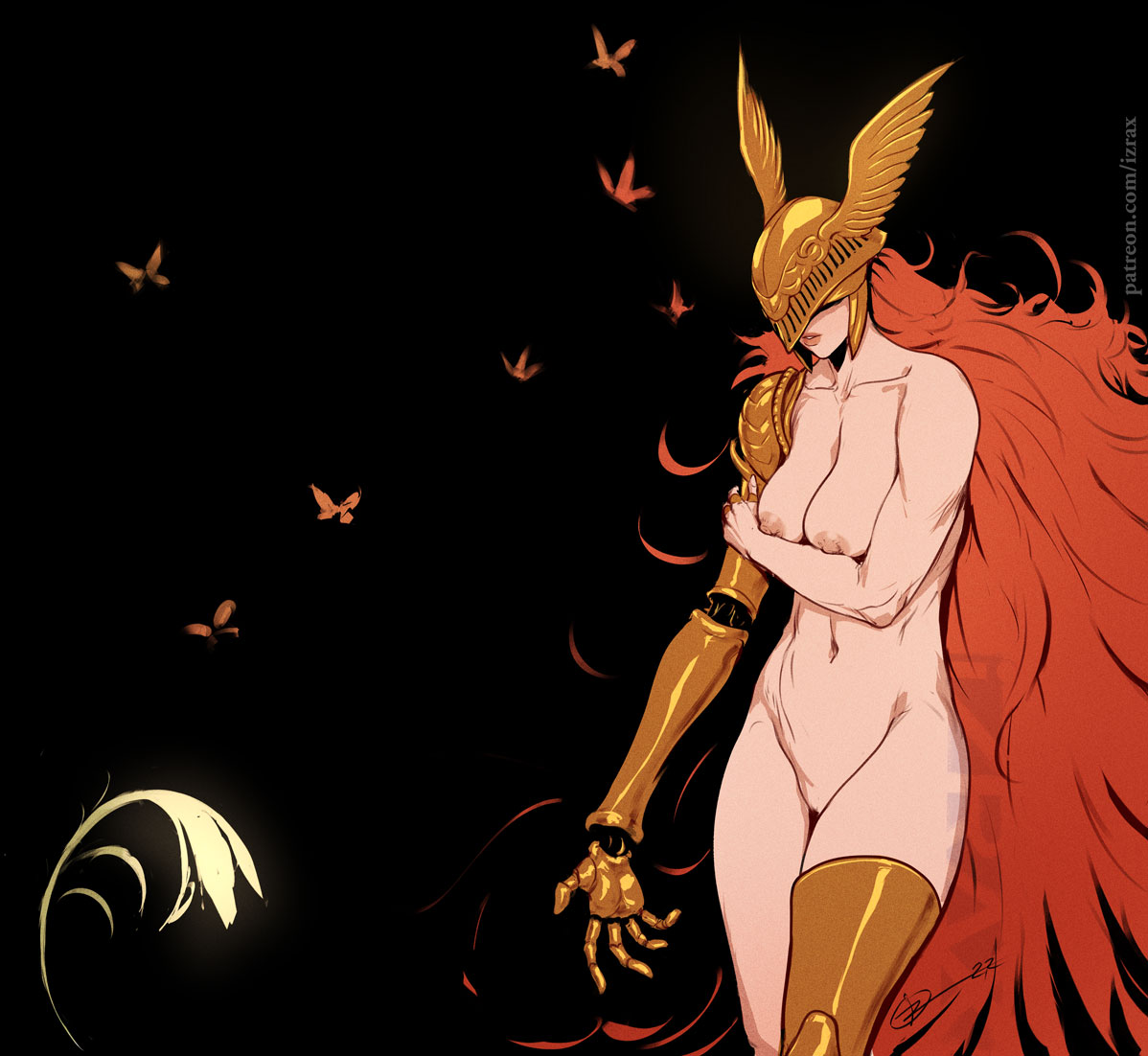 1girls, areolae, big breasts, big nipples, breasts, casual nudity, elden ring, erect nipples, female, female only, fromsoftware, izra, malenia blade of miquella, nipples, nude, red hair, simple background, solo, solo female, tasteful nudity