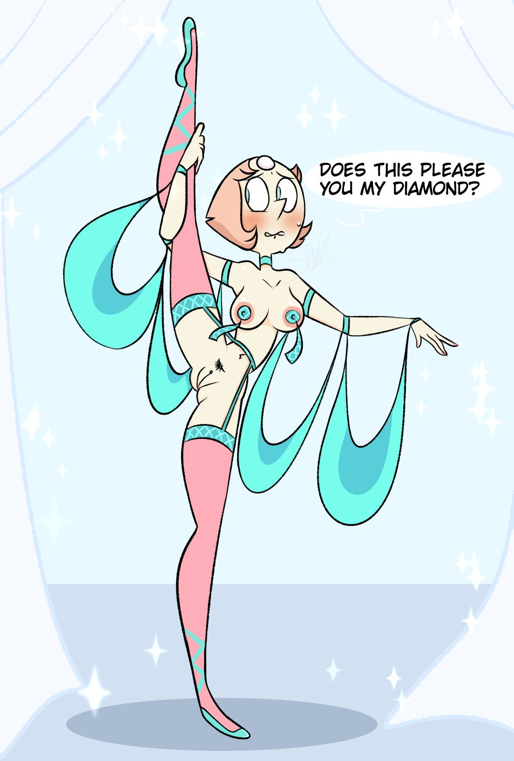 1girls, areolae, blush, cartoon network, covered nipples, embarrassed, female, female focus, female only, gem (species), leg up, legs apart, light skin, light-skinned female, navel, one leg up, pasties, pearl (steven universe), pixelzsinful, pubic hair, pussy, spread legs, standing split, steven universe, tassel, vertical splits