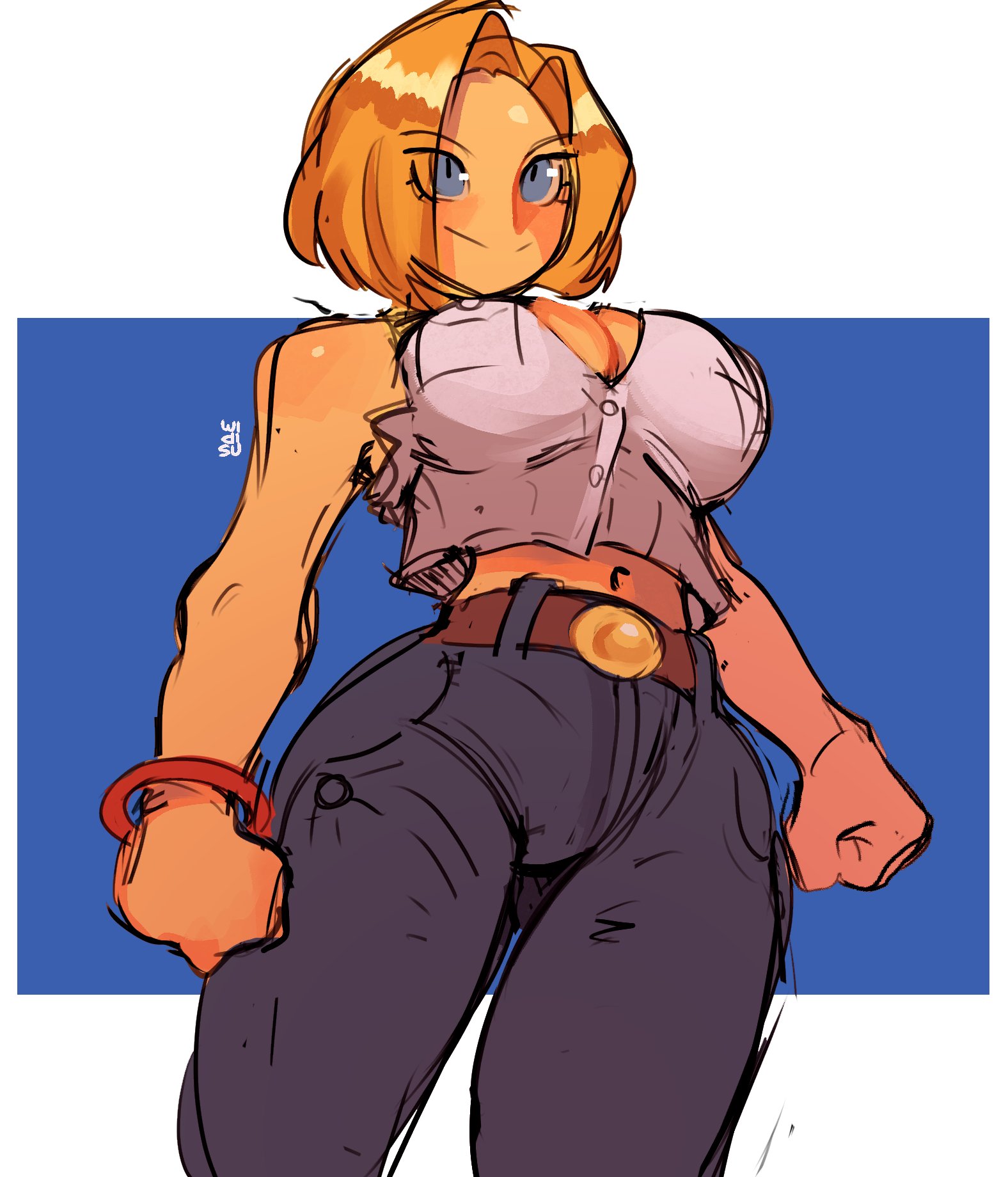 1girls, about to burst, about to pop, android 18, barely contained, barely contained breasts, barely fits, big breasts, blonde hair, breasts, breasts too big, button down shirt, button gap, crop top, dragon ball, female, imminent wardrobe malfunction, jeans, straining buttons, tagme, tight fit, tight fitting clothing, undersized clothes, undersized clothing, widisu