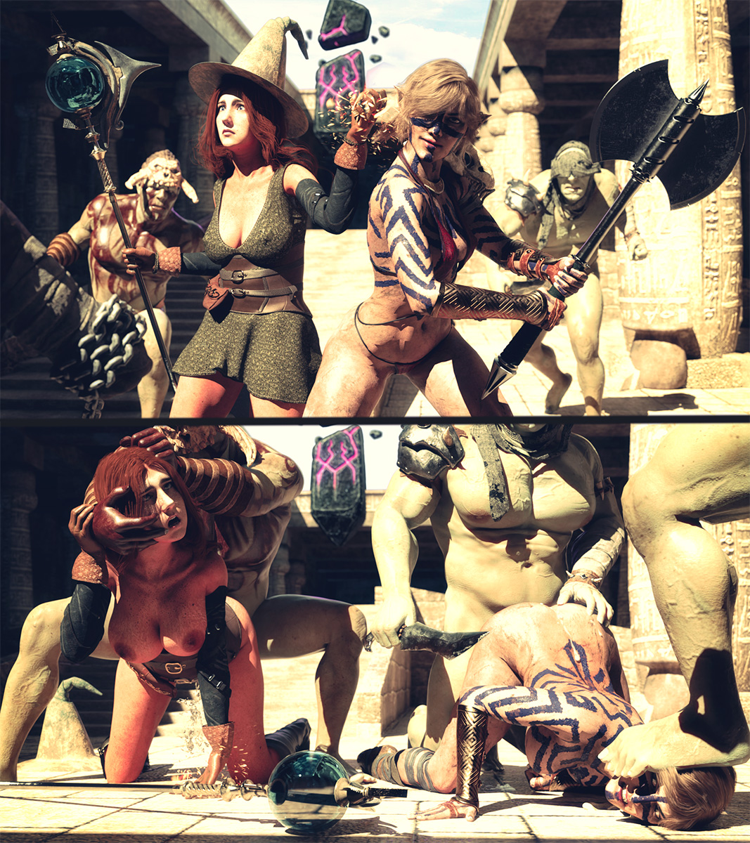 2girls, 3boys, 3d, abs, ahe gao, all fours, amazon, ambiguous penetration, ambush, angry, areolae, armwear, ass, ass up, axe, barbarian, belt, belt buckle, bikini, blonde, blonde hair, bodypaint, bonnabi (geterafromfaerun), boots, breasts, breasts out, brown gloves, chains, clothed, clothed sex, clothing, color, cum, cum on ass, defeated, dress, dress lift, dungeons and dragons, elf, female, foot on head, forced, forgotten realms, gangbang, gangrape, geterafromfaerun, gloves, hair pull, half elf, half-elf, head grab, head tilt, helmet, human, instant loss 2koma, knife, large breasts, legwear, long hair, mage, magic, magic staff, magic user, male, medium breasts, muscular, muscular female, neck snap, nipples, nipples visible through clothing, original character, party wipe, peeing, peeing during sex, peeing self, peeing while penetrated, pillar, pissing, rape, red bikini, red hair, sex, short hair, staff, straight, struggling, surprised, tagme, tattoo, temple, tribal, tribal male, tribal markings, tribesman, uncensored, urine, urine stream, violence, white skin, wizard hat, yolande (geterafromfaerun)
