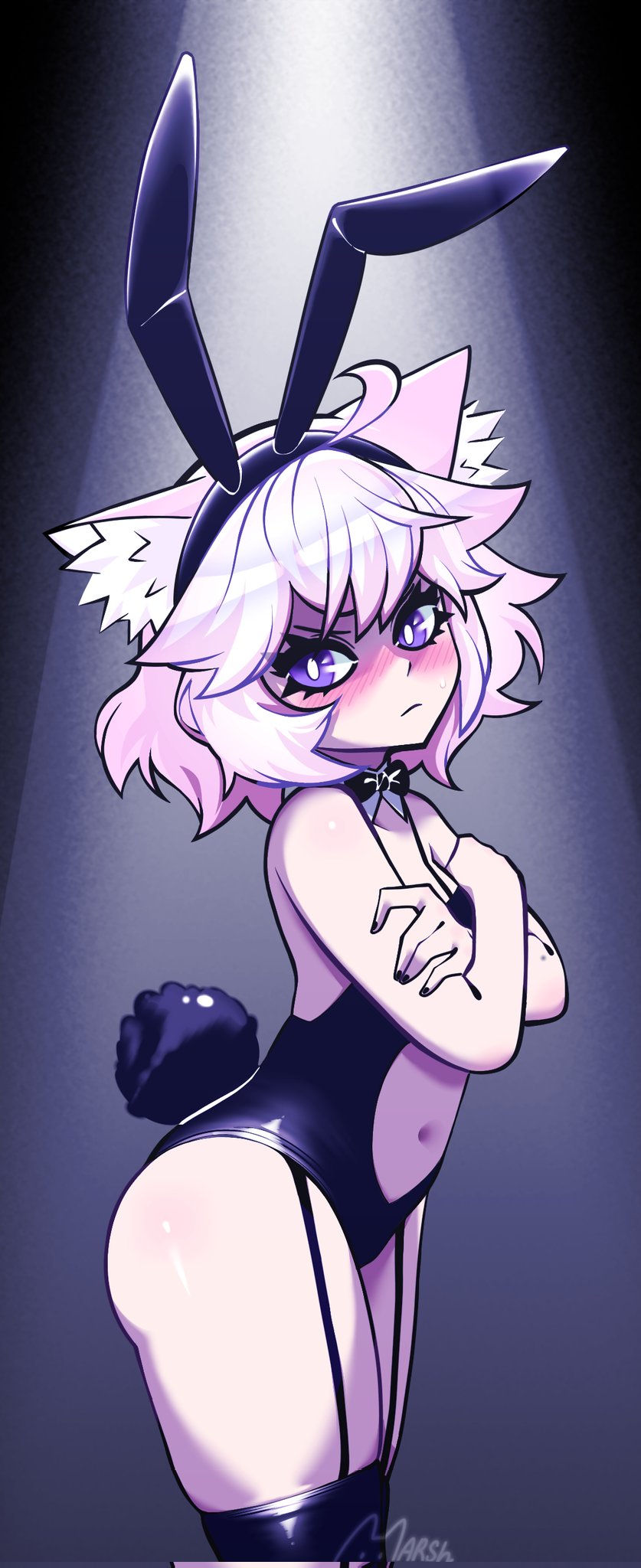 angry, bunny ears, bunnysuit, cat ears, cat girl, catgirl, female, looking at viewer, nyatasha nyanners, pink hair, pout, pouting, projektmarsh, solo, tagme, virtual youtuber, vshojo