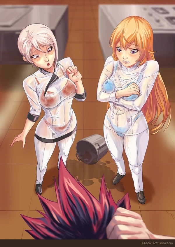 blue_bra blue_panties bra bra_visible_through_clothes chef grease nakiri_alice nakiri_erina oil panties red_bra red_panties see-through_clothing shokugeki_no_souma wet yukihira_souma