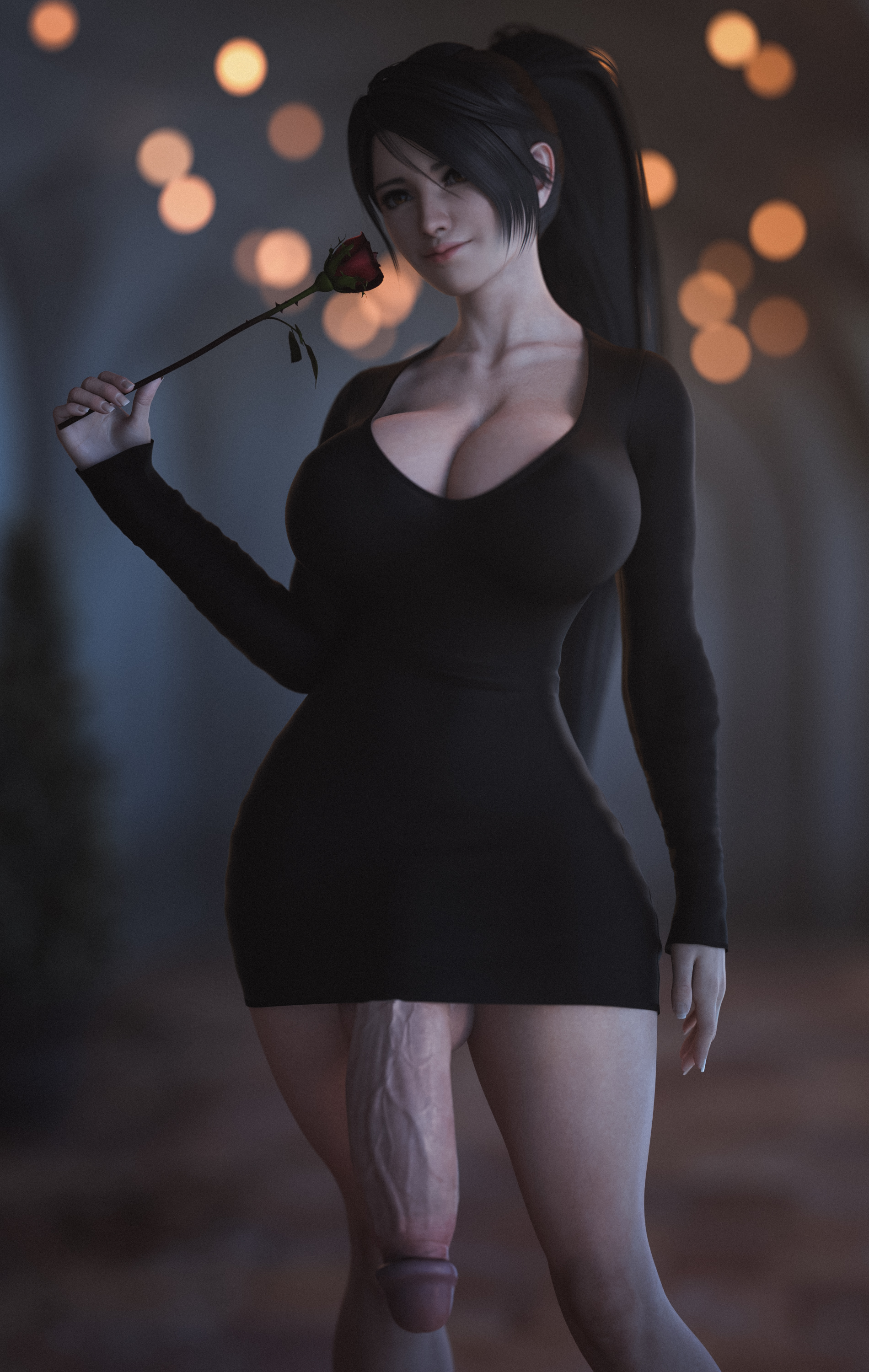 1futa, 3d, big breasts, bottomless, breasts, casual exposure, casual nudity, clothed, clothing, dead or alive, futa only, futanari, huge cock, human, ineffective clothing, intersex, large breasts, light skin, light-skinned futa, momiji (ninja gaiden), mostly clothed, ninja gaiden, penis, solo, standing, stevencarson