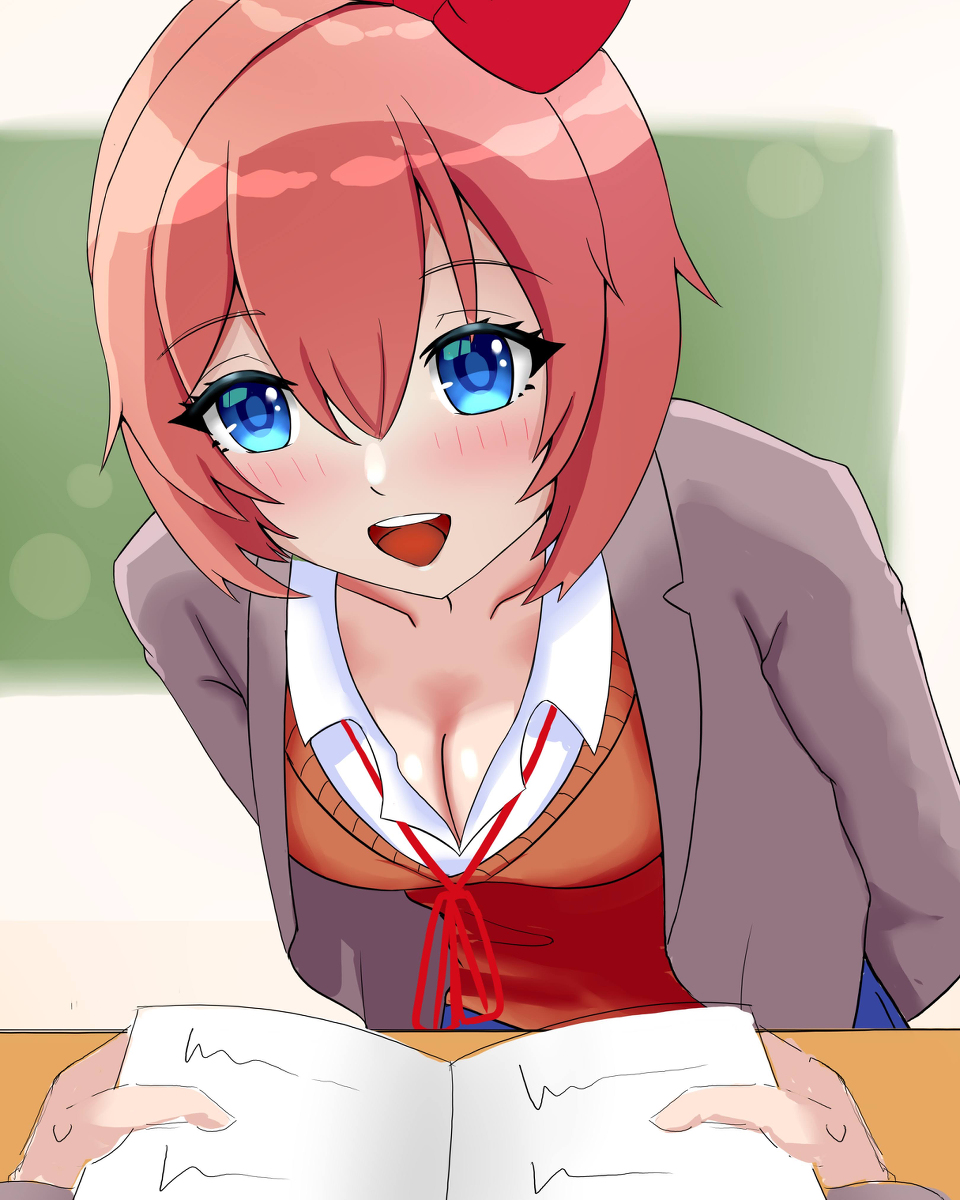 1boy 1girl blue_eyes blush book bow breasts cleavage doki_doki_literature_club eiji_zatsu hairbow just_sayori leaning_forward red_bow red_hair_bow sayori_(doki_doki_literature_club) school_uniform schoolgirl small_breasts solo_focus strawberry_blonde_hair