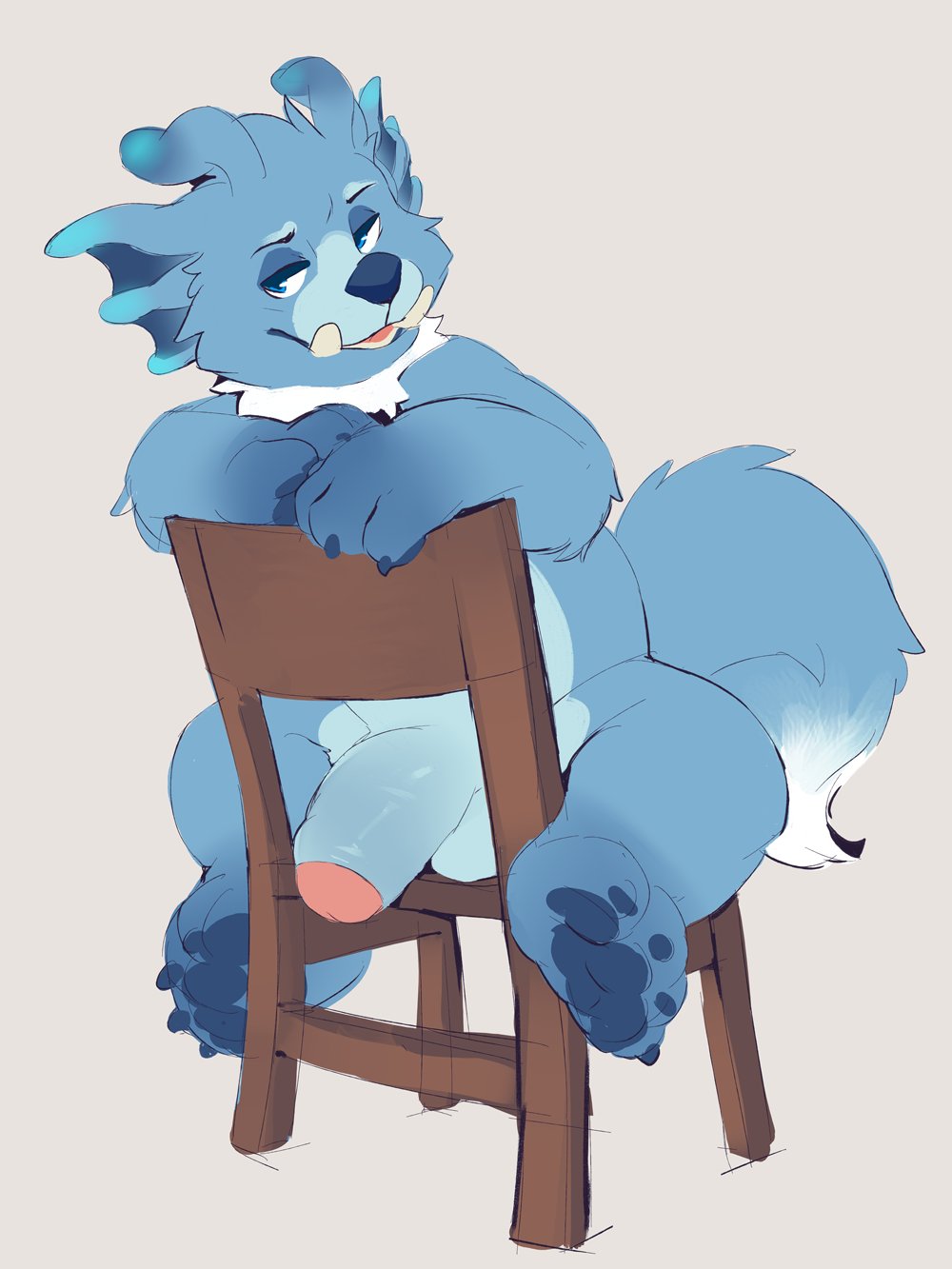 anthro blue_body blue_eyes chair cheek_tuft facial_tuft flaccid fluffy fluffy_tail foreskin furniture furry genitals hi_res hybrid looking_at_viewer male neck_tuft paws penis seth-iova simple_background sitting solo tuft