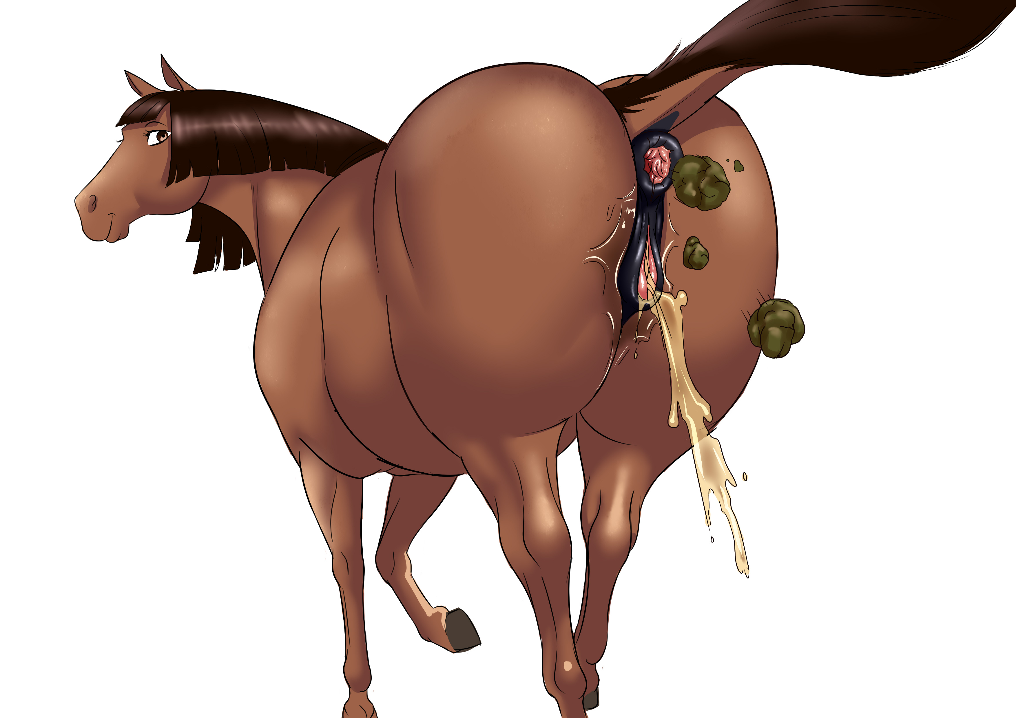 anatomically correct, animal genitalia, anus, bestiality, brown fur, dirty, equine, female, female only, furry, genitals, horse, horse tail, mare, nikuyoku, peeing, pooping, presenting anus, presenting pussy, pussy, raised tail, scat, solo, urination, watersports