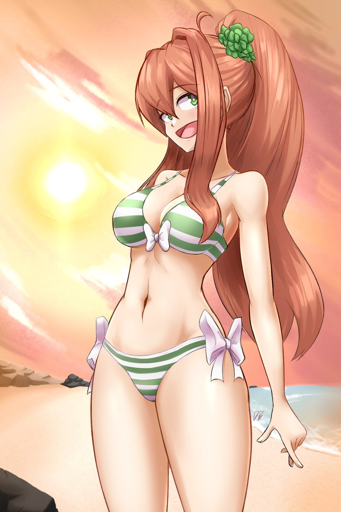 1girls beach belly_button bikini bow bows breasts brown_hair doki_doki_literature_club female female_focus female_only green_bikini green_eyes green_striped_bikini hair hair_accessory happy happy_female long_hair midriff monika_(doki_doki_literature_club) navel open_mouth ponytail solo solo_female solo_focus striped_bikini sun sunset thighs