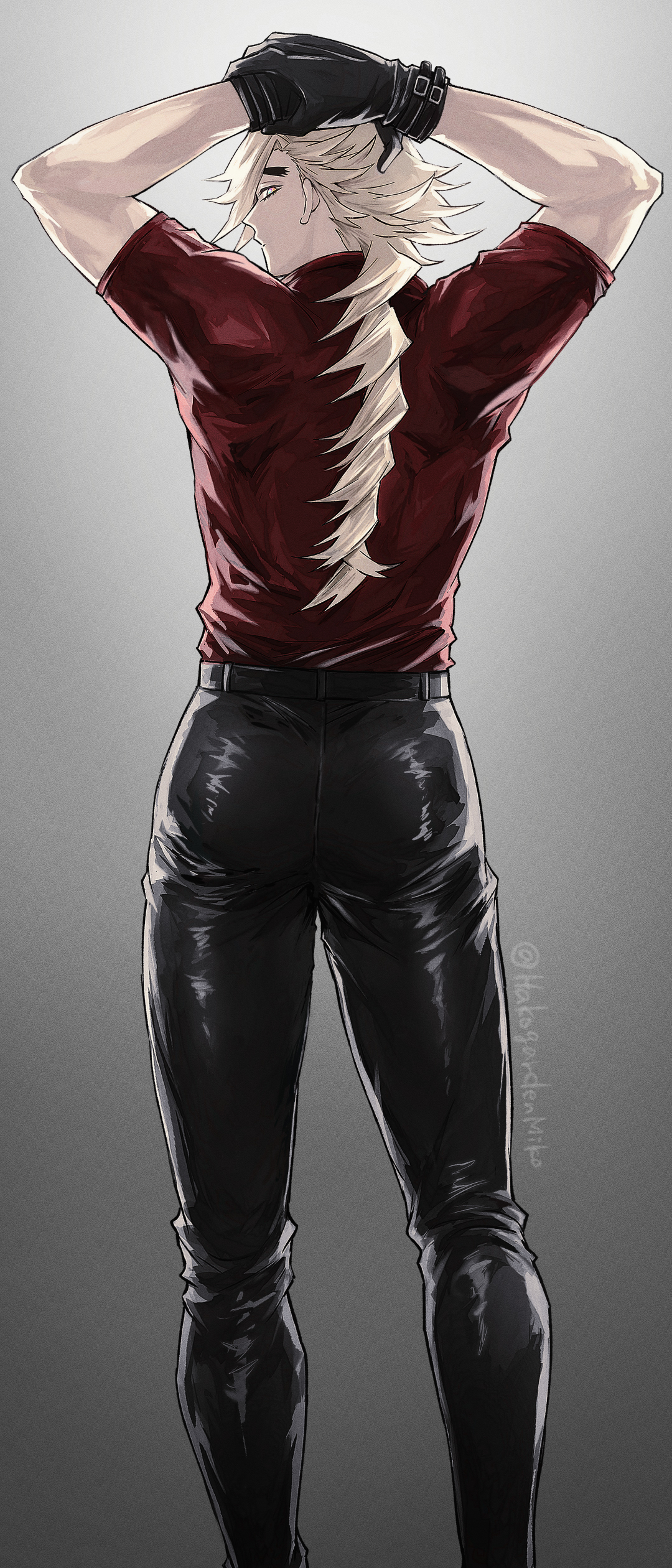 alternate costume, arms up, ass, black gloves, blonde hair, demon slayer, douma, fully clothed, gloves, hakogardenmiko, kimetsu no yaiba, leather gloves, leather pants, long hair, long-haired male, looking at viewer, looking back, male, male only, solo, spiky hair, tight clothing, tight pants, toned