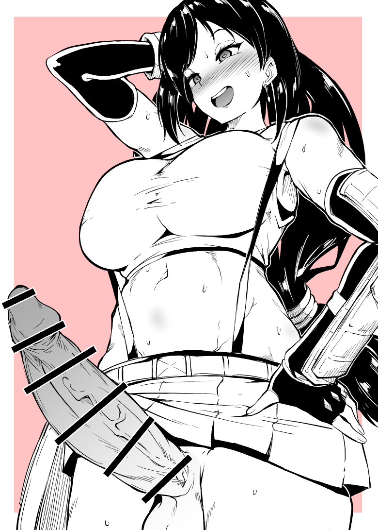 1futa, balls, belly, belly button, big breasts, big penis, black hair, blush, bottomless, breasts, censored, clothed, clothing, dark hair, erection, female, final fantasy, final fantasy vii, futa only, futanari, heart-shaped pupils, huge breasts, huge cock, human, intersex, large breasts, large penis, long hair, makin tama, midriff, mostly clothed, penis, solo, sports bra, standing, sweat, sweating, sweaty, thick, tifa lockhart, tummy, veiny penis