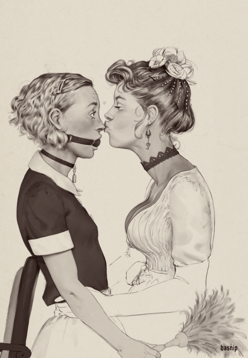 2girls ball_gag basnip bondage clothed collar duo feather_duster female femdom femsub gag kissing kissing_nose lezdom maid maid_uniform multiple_girls yuri