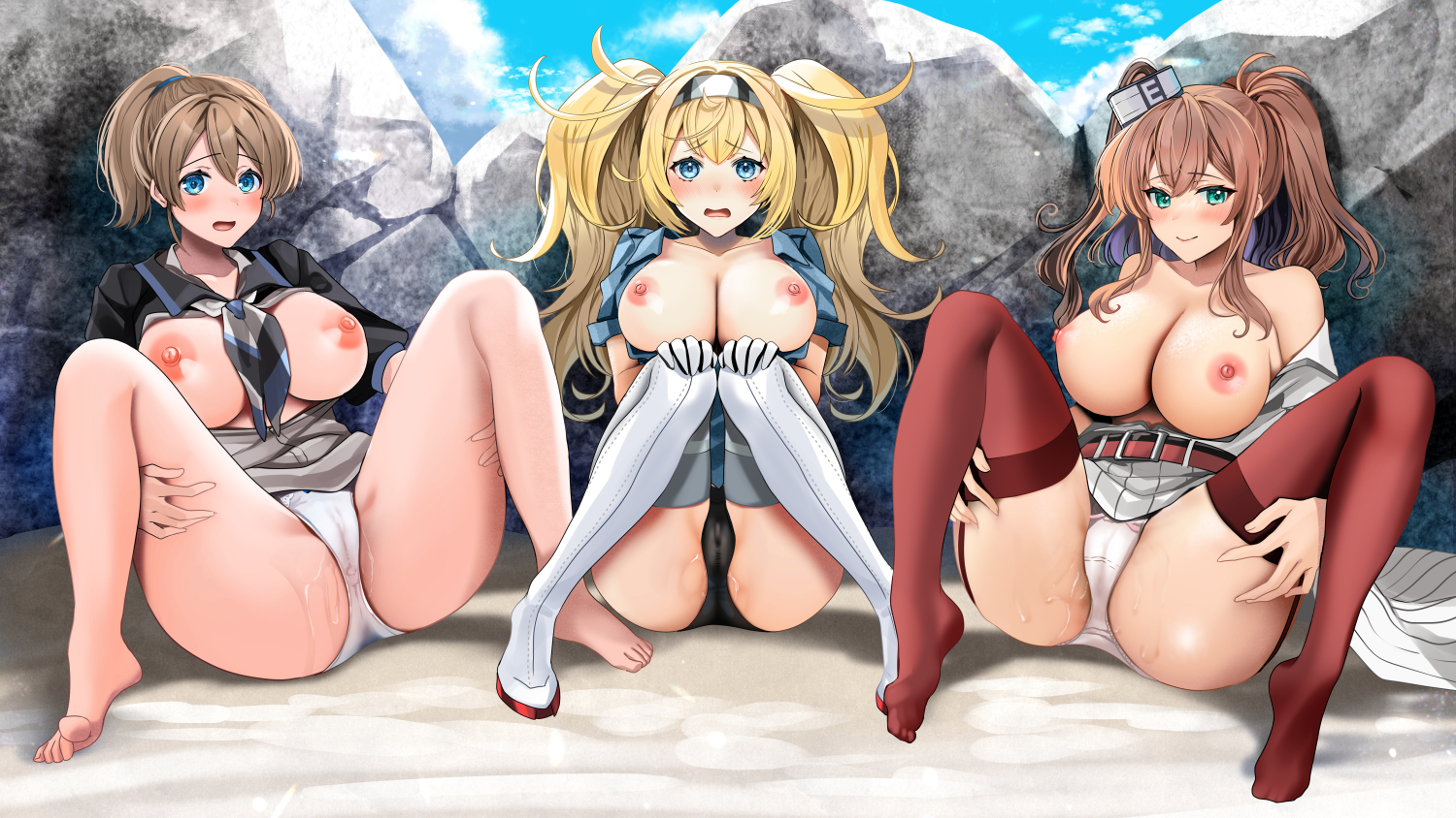 3girls, barefoot, black panties, black shirt, blonde hair, blue eyes, blue shirt, blush, breasts, cleavage, closed mouth, collarbone, collared shirt, day, dress, female, gambier bay (kantai collection), intrepid (kantai collection), kantai collection, large breasts, long hair, multiple females, multiple girls, neckerchief, nipples, open mouth, panties, ponytail, red legwear, red thighhighs, rock, saratoga (kantai collection), shirt, short hair, short sleeves, side ponytail, smile, thighhighs, twintails, underwear, white dress, white panties, white thighhighs, yunamaro