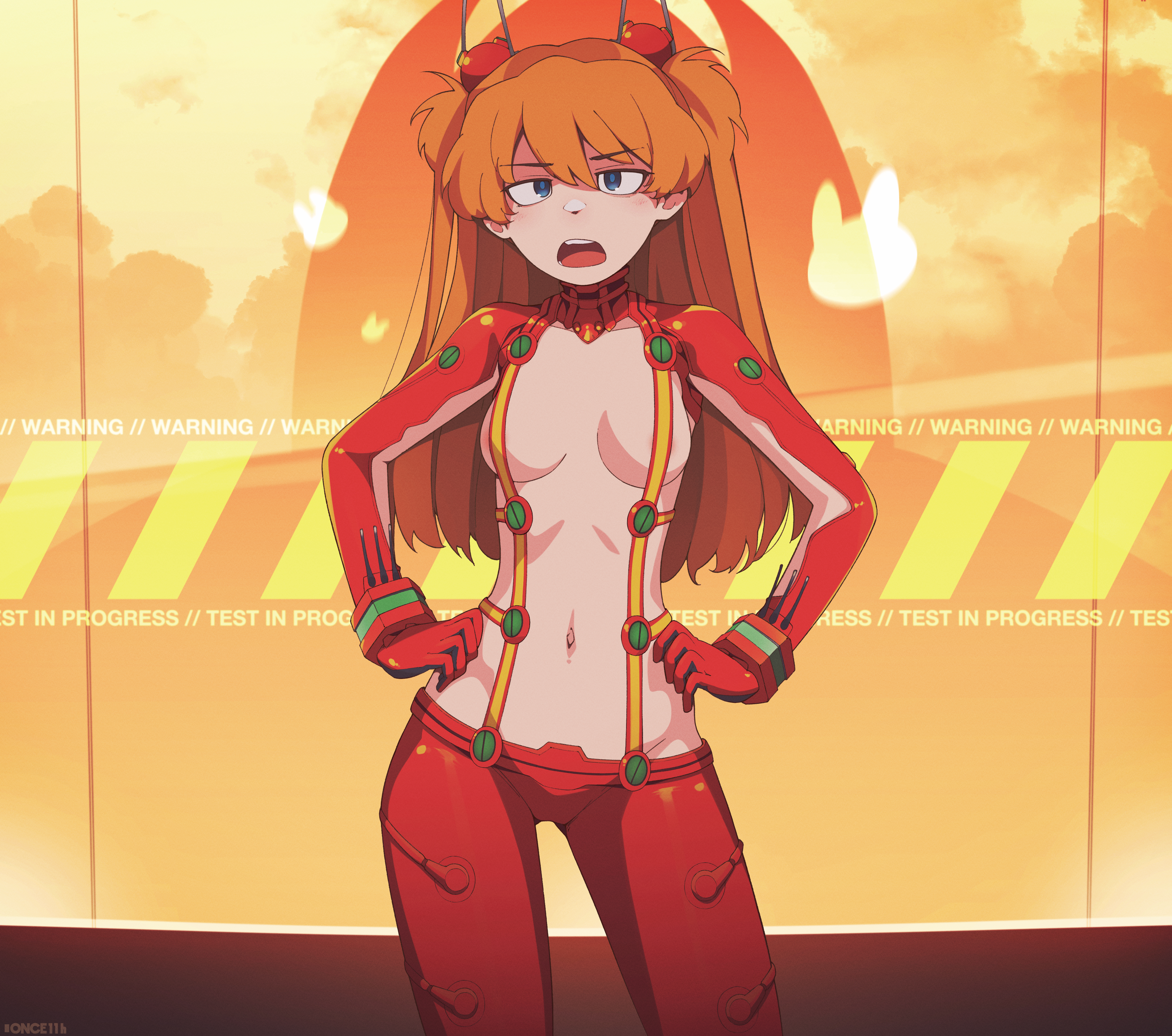 1girls, annoyed, areola slip, asuka langley sohryu, blue eyes, breasts, clothing, female, female only, hands on hips, highres, legs, light skin, light-skinned female, long hair, looking at viewer, navel, neon genesis evangelion, once11h, open mouth, orange hair, plugsuit, small breasts, solo, standing, tight clothing, wardrobe malfunction
