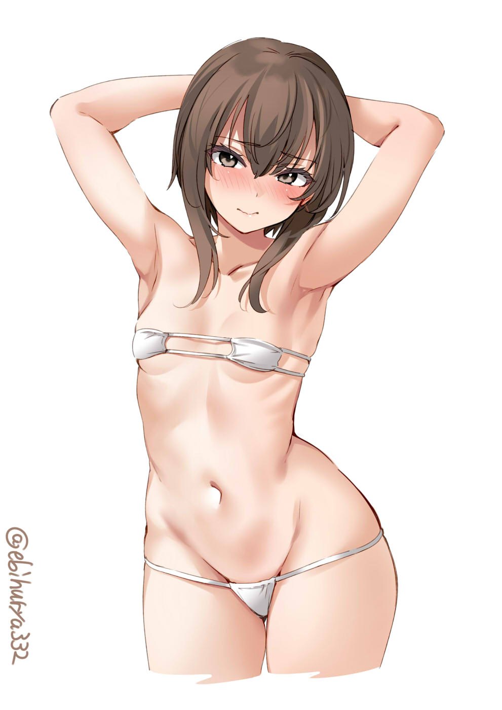 armpits, arms behind head, bikini, blush, breasts, brown eyes, brown hair, cowboy shot, cropped legs, ebifurya, eyepatch bikini, female, flat chest, highres, kantai collection, looking at viewer, medium hair, micro bikini, navel, ribs, small breasts, solo, stomach, swimsuit, taihou (kantai collection), white background, white bikini