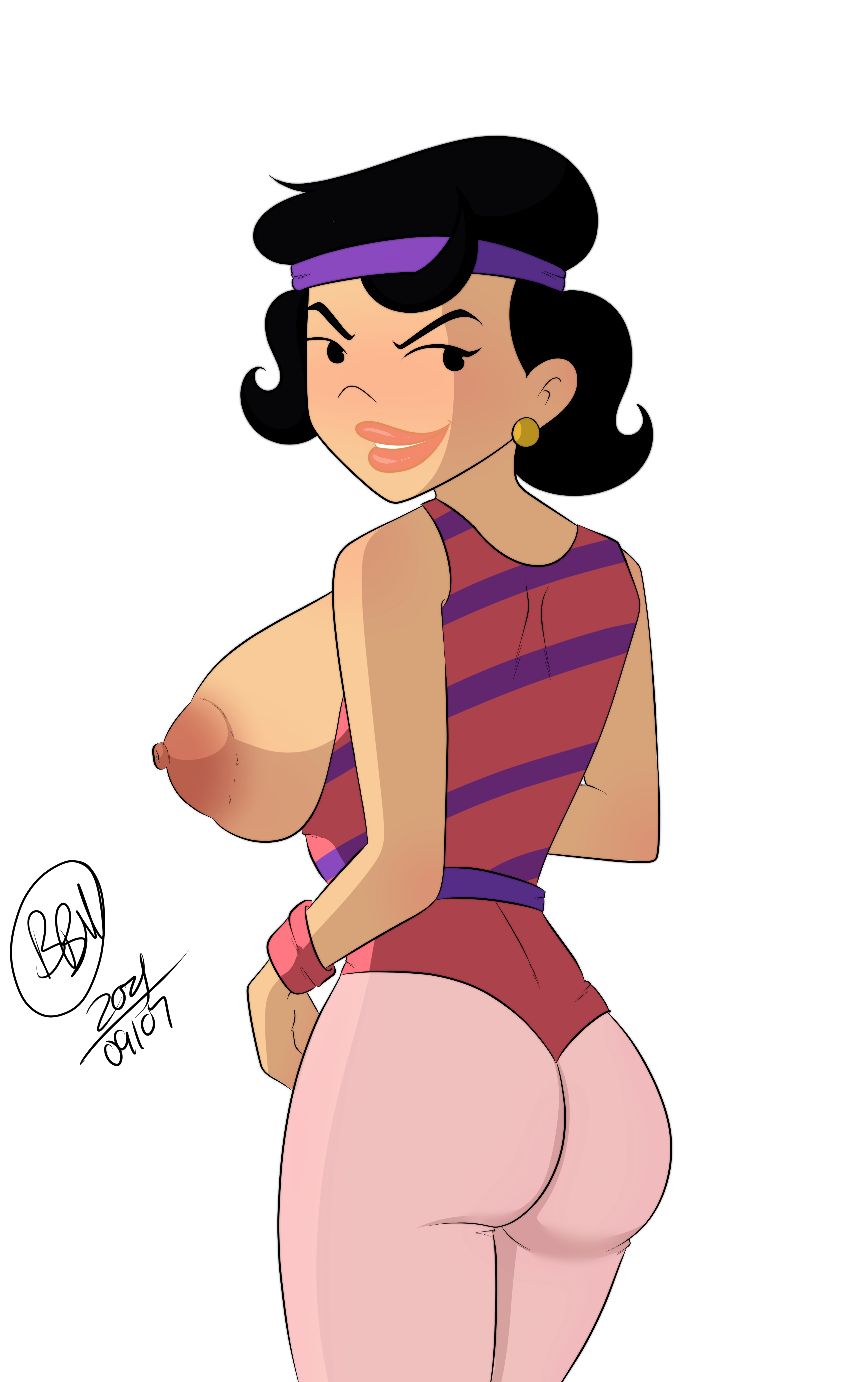 american dragon: jake long, asian, asian female, ass, aureola, bandana, big ass, big breasts, black hair, breasts, breasts out, bunbunmuffinart, disney, disney channel, exercise clothing, female, gym clothing, looking at viewer, looking back, looking back at viewer, mature, mature female, milf, nipples, partially nude, short hair, simple background, smile, smiling, smiling at viewer, susan long, white background, workout, workout clothes
