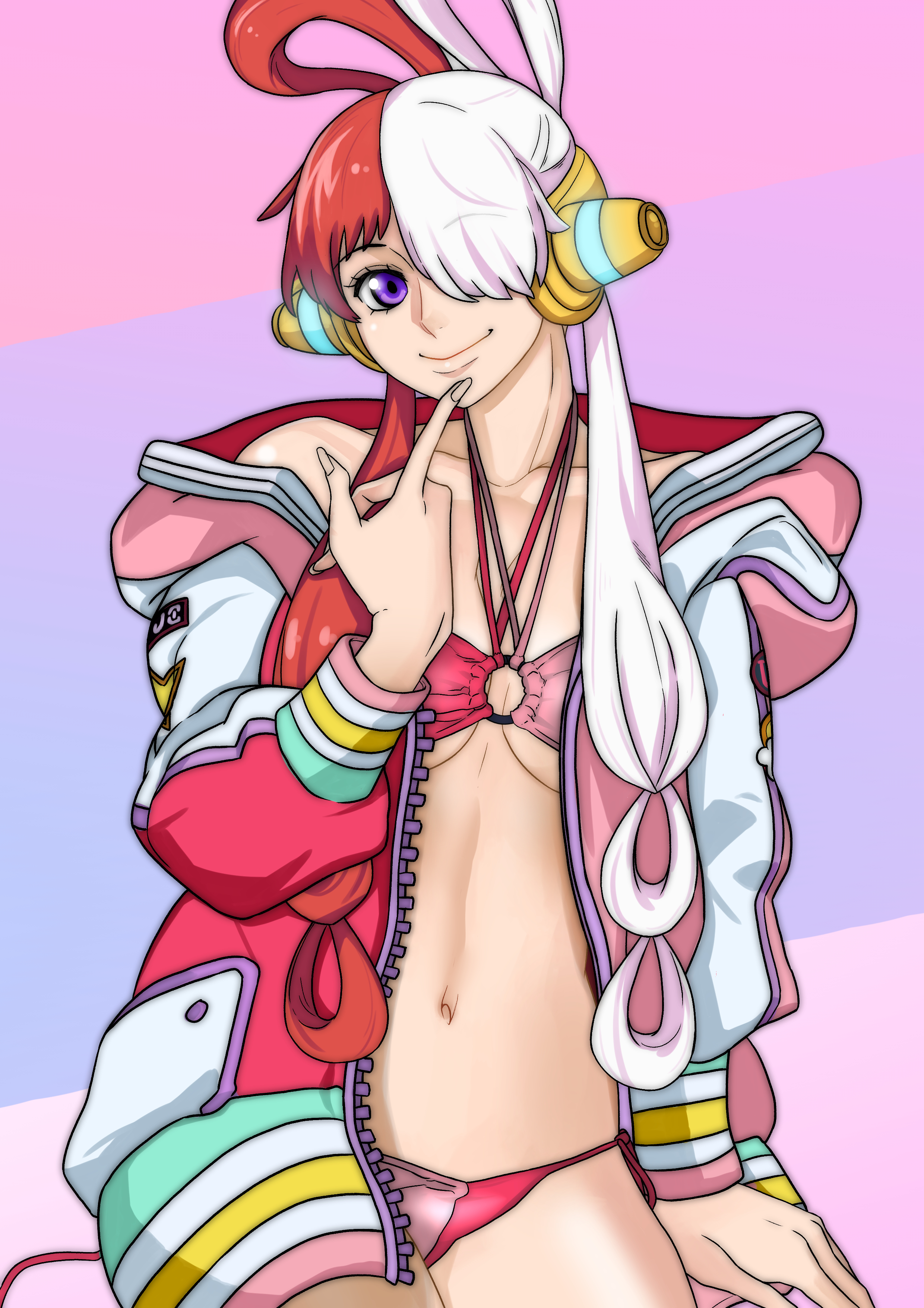 1girls, alternate version available, cheese cat (artist), female, female only, headgear, headwear, long hair, loose clothes, navel, one piece, one piece film red, purple hair, red and white hair, red hair, red-haired female, smile, smiling, smiling at viewer, twin braids, twintails, two tone hair, two-tone hair, undressing, uta (one piece), white and red hair, white hair, white-haired female