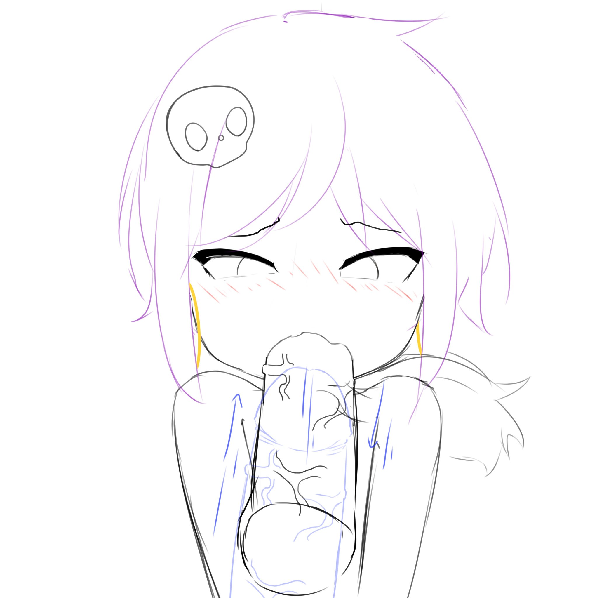 1girls, blowjob, blush, brawl stars, disembodied penis, female, looking at penis, looking down, male, paromune, penis, penny (brawl stars), sketch, skull, tagme, unfinished, veiny penis