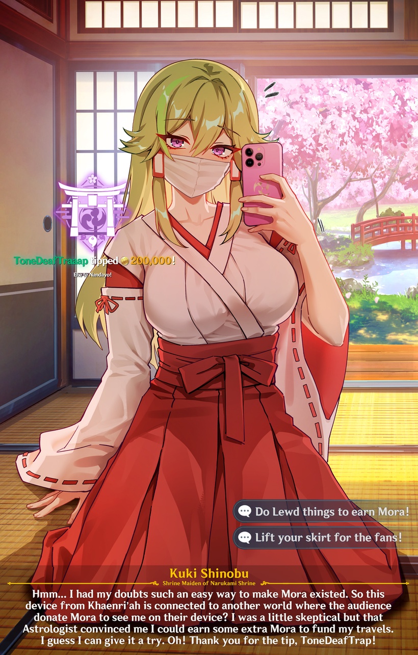 1girls, 2022, aether (genshin impact), breasts, cleavage, dialogue, egirl, english text, female, female only, foxy rain (foxyreine), foxyrain (foxyreine), foxyreine, genshin impact, glowing eyes, green hair, hakama, holding object, huge breasts, kneeling, kuki shinobu, livestream, long hair, mask, miko, phone, purple eyes, pussy, pussy juice, pussy juice drip, selfie, shrine maiden, slim waist, text