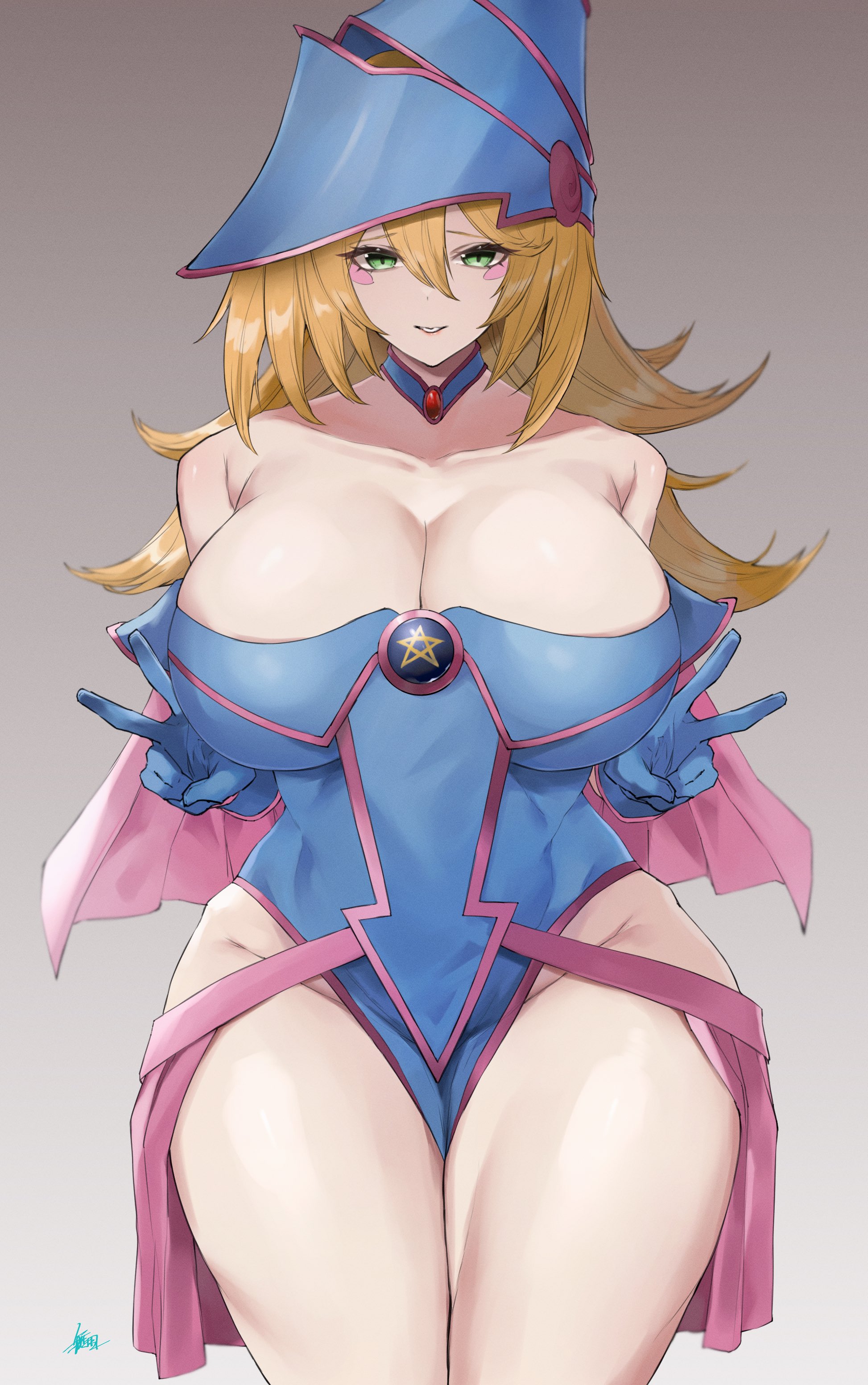 1girls, big breasts, blonde, blonde female, blonde hair, breasts, child bearing hips, curvaceous, curves, curvy, curvy female, curvy hips, dark magician girl, duel monster, female, green eyes, headwear, hips, huge breasts, kataku musou, large breasts, peace sign, smile, tagme, thick, thick thighs, thighs, wide hips, yu-gi-oh!