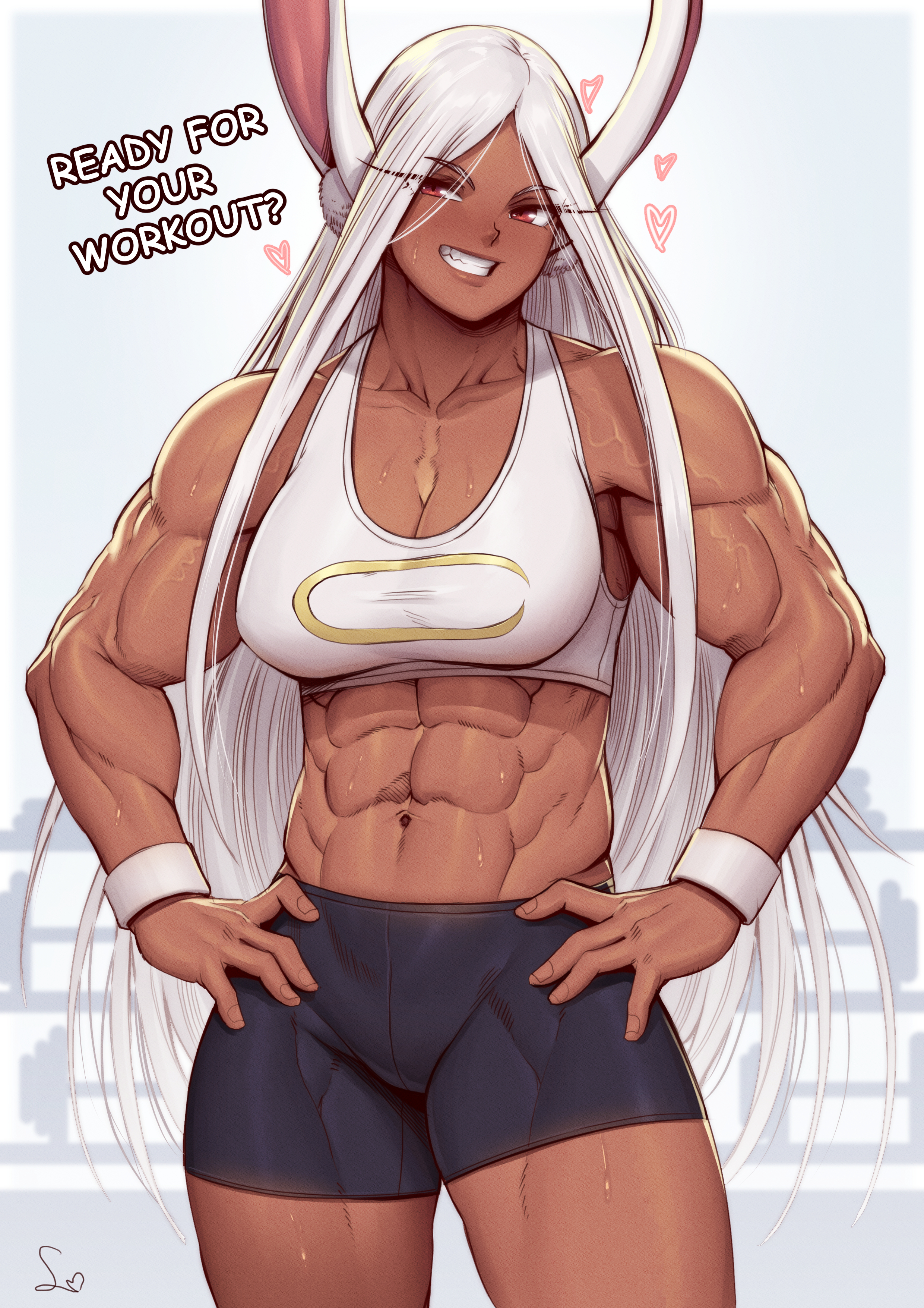 1girls, abs, absurd res, adonis belt, alternate version at source, animal ears, biceps, blush, breasts, cleavage, collarbone, dark skin, dark-skinned female, english text, female, grin, heart, hi res, inner ear fluff, large breasts, midriff, miruko, muscular, muscular female, my hero academia, navel, obliques, parted lips, rabbit ears, red eyes, rumi usagiyama, shorts, signature, solo, speedl00ver, sports bra, sweat, veins, white hair, wristband