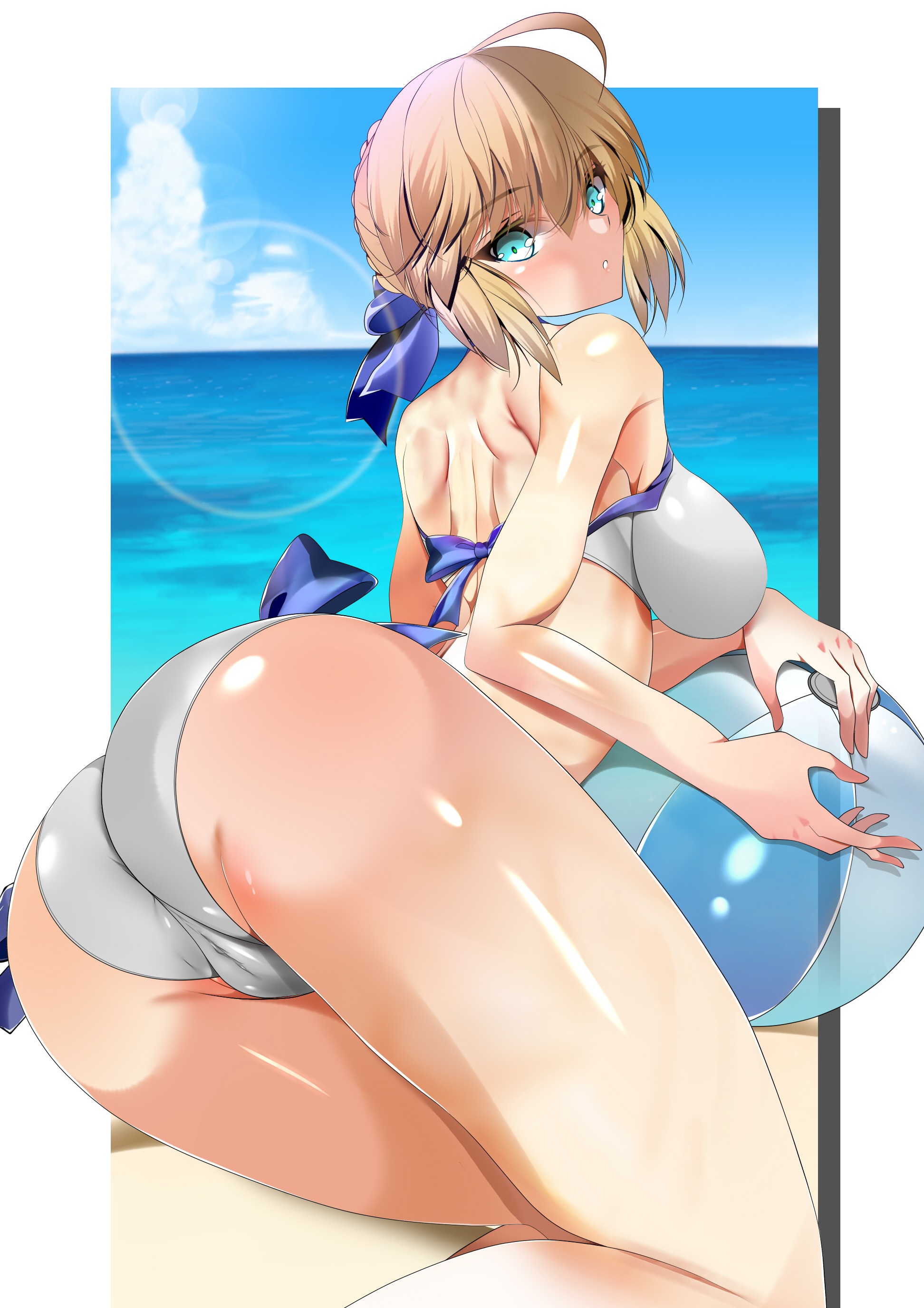 1girls, 2022, alternate eye color, artist request, artoria pendragon, artoria pendragon (swimsuit archer), ass, ass focus, ass shot, back, back view, beach, beach ball, bikini, blonde hair, blue eyes, breasts, fate (series), fate/grand order, fate/stay night, female, female only, hi res, hips, large ass, light skin, light-skinned female, medium breasts, outdoors, saber, shiny skin, sideboob, slim waist, solo, solo female, thick thighs, thighs, tied hair, white bikini