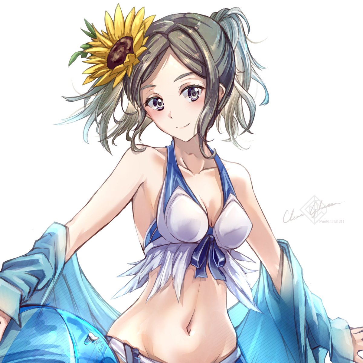 1girls alternate_costume artist_signature bikini blank_background blush breasts brown_hair clear_glass_(mildmild1311) cleavage cynthia_(fire_emblem) female female_only fire_emblem fire_emblem_awakening flower flower_in_hair grey_eyes grey_hair medium_breasts navel nintendo removing_clothing short_hair slim_waist small_breasts smile solo sunflower swimsuit twintails white_bikini white_swimsuit wide_hips