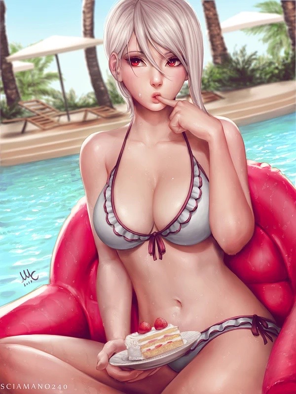 1girls, bikini, breasts, eating, female, nakiri alice, pool, sciamano240, shokugeki no souma, water, white hair, white-haired female