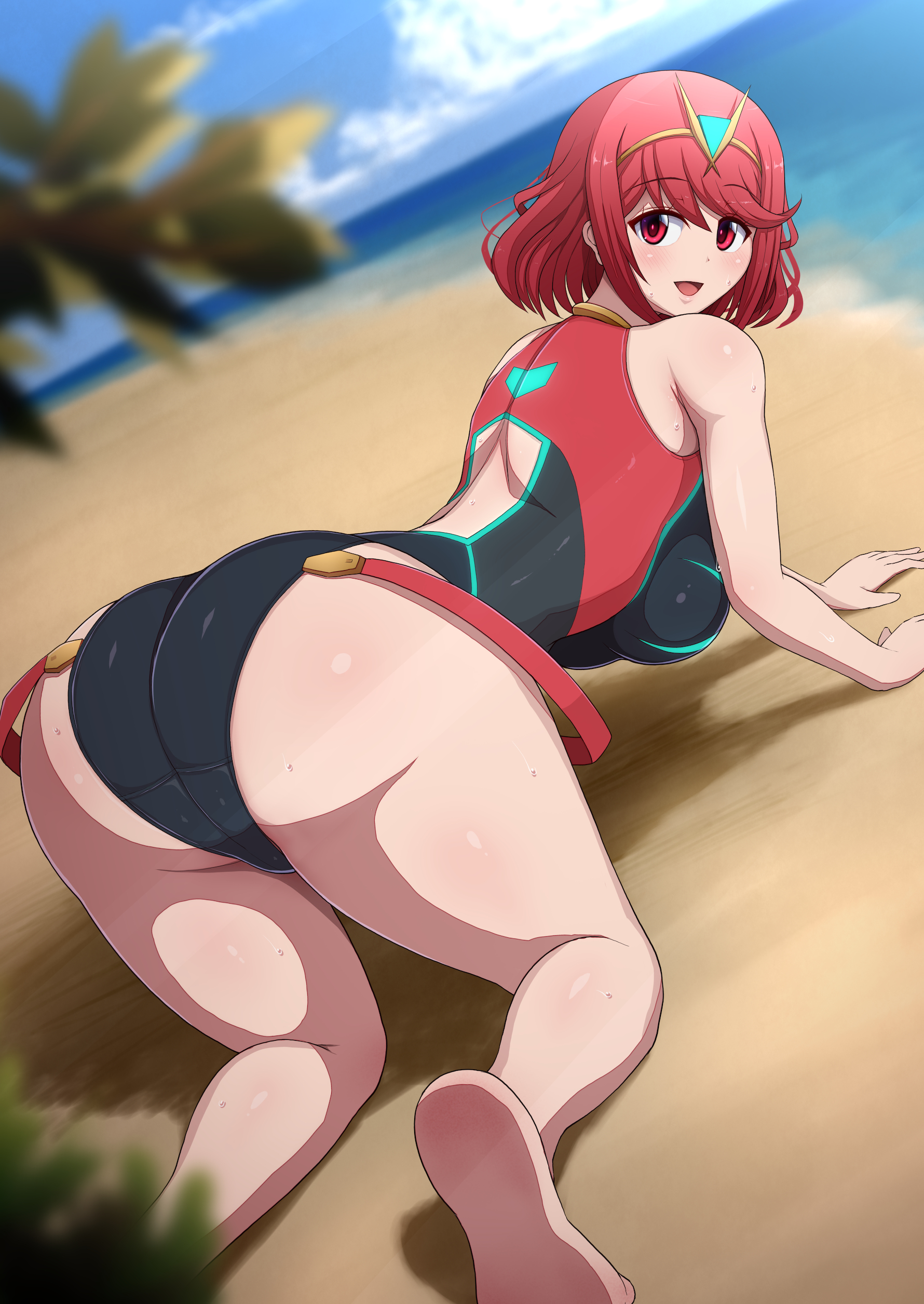 1girls, 2022, alternate costume, ass, ass focus, ass shot, back, back view, bangs, beach, breasts, bubble ass, bubble butt, competition swimsuit, female, female only, hair ornament, hi res, hips, huge ass, huge breasts, kneeling, looking at viewer, nintendo, official alternate costume, one-piece swimsuit, outdoors, ponpo, ponponmaru, pyra, red eyes, red hair, short hair, slim waist, smile, suspenders, suspenders hanging, swept bangs, swimsuit, thick thighs, thighs, tiara, wide hips, xenoblade (series), xenoblade chronicles 2