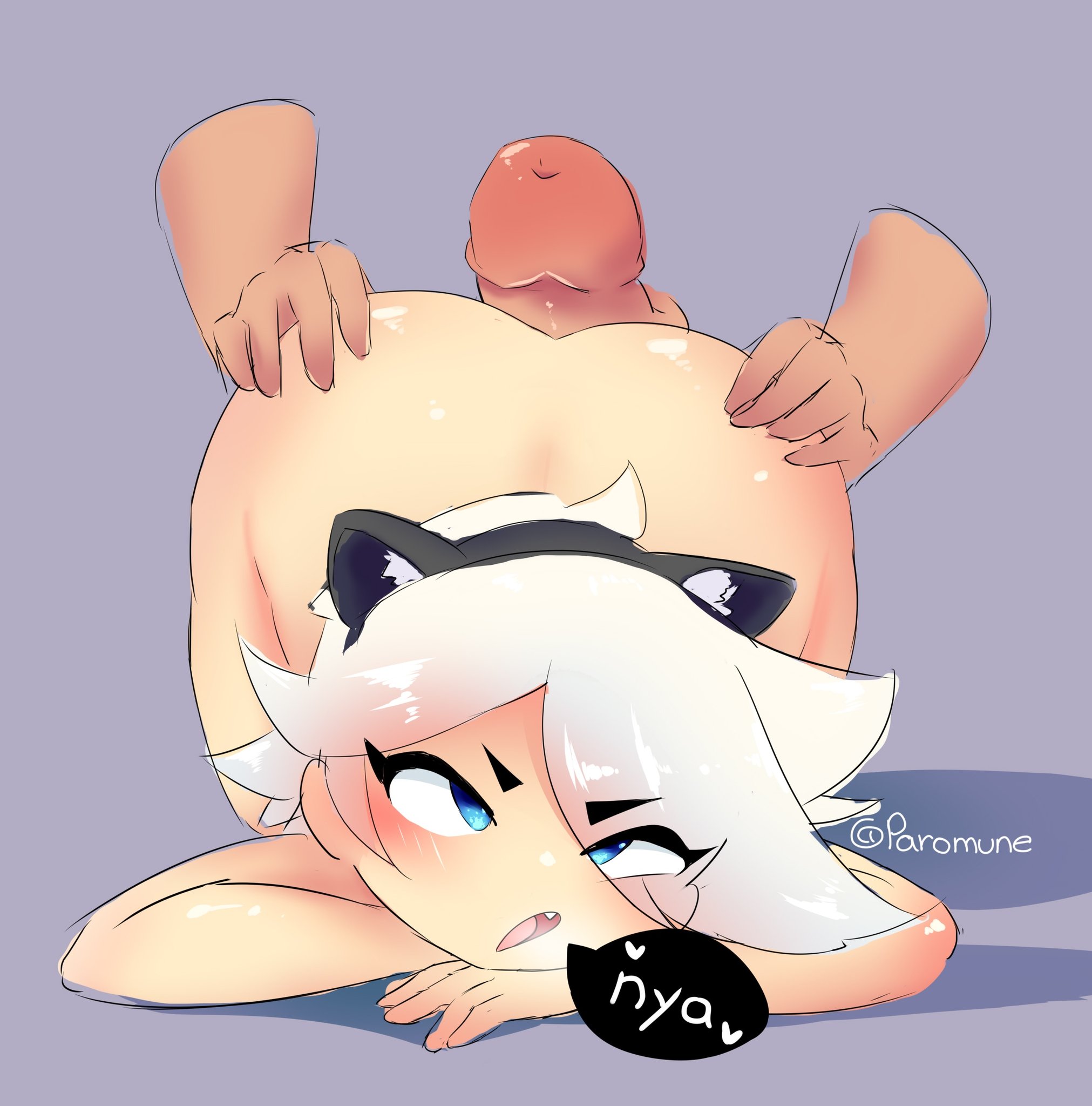 1girls, ass, ass grab, assjob, blue eyes, blush, brawl stars, buttjob, cat ears, colette (brawl stars), female, hot dogging, hotdogging, male, nya, paromune, penis, talking, visible breath, white hair